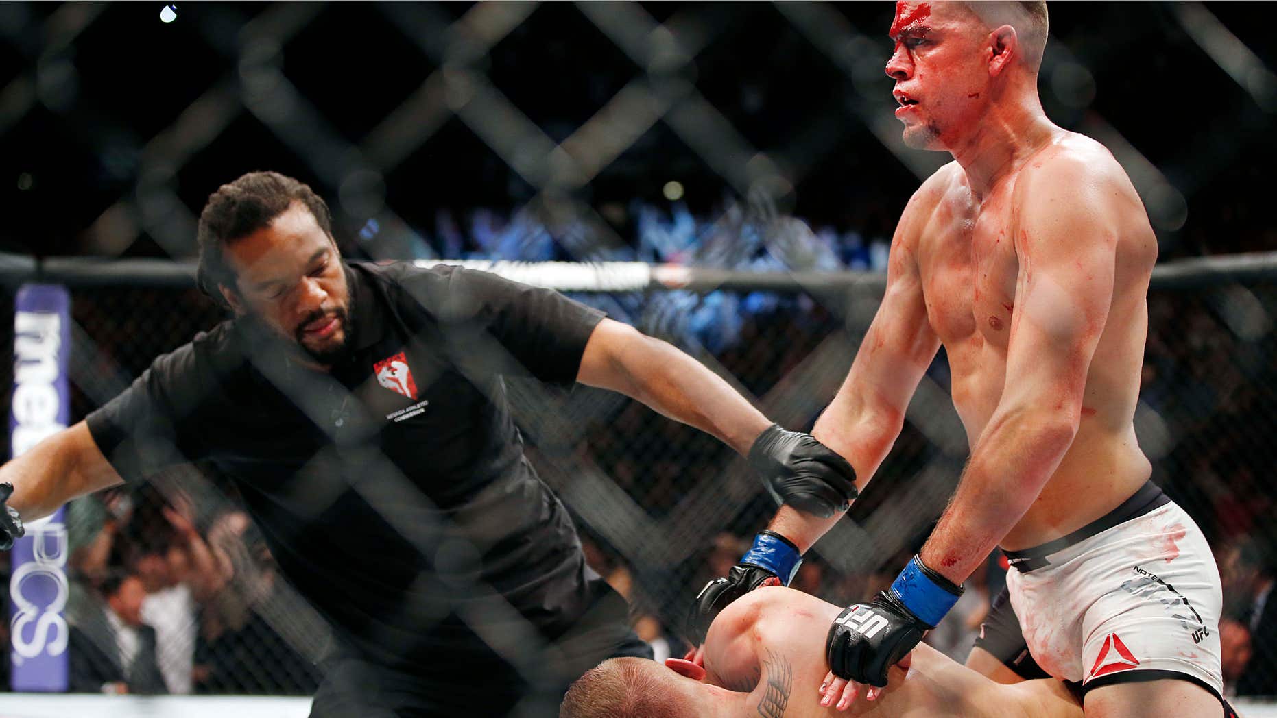 Referee Herb Dean stops the fight shortly after Nate Diaz defeats Conor McGregor in a second round submission victory during their UFC 196 welterweight mixed martial arts match, Saturday, March 5, 2016, in Las Vegas.