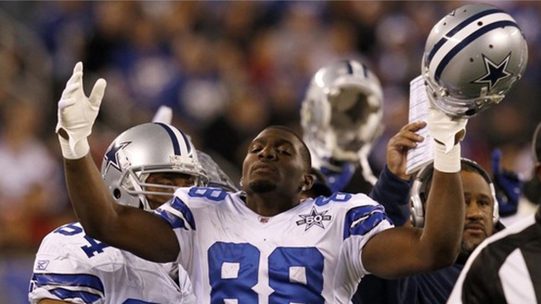 Nov. 14, 2010: Dallas Cowboys wide receiver Dez Bryan (88) celebrates after his catch was ruled a touchdown on replay during the first quarter of their NFL football game against the New York Giants in East Rutherford, New Jersey.