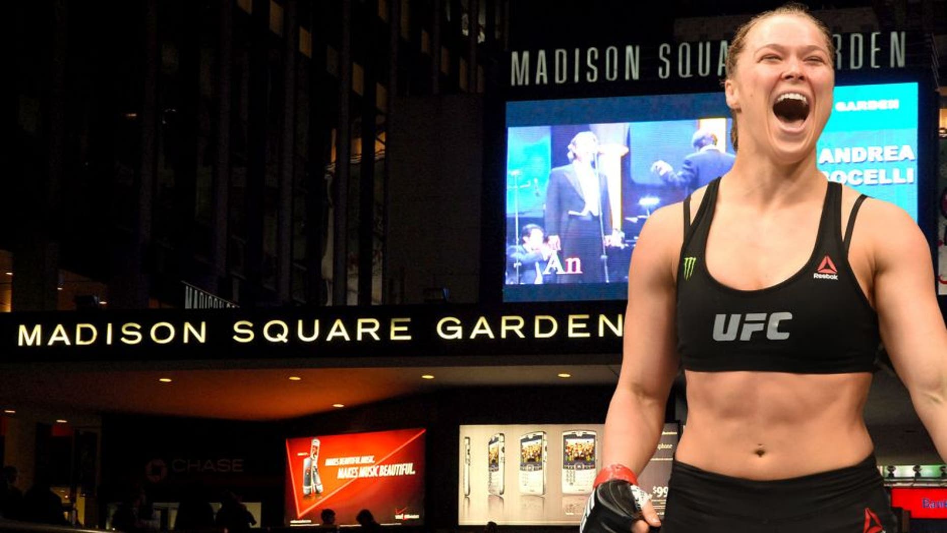 NEW YORK - NOVEMBER 30: The exterior of Madison Square Garden is seen prior to Andrea Bocelli's concert on November 30, 2006 in New York City. (Photo by Rob Loud/Getty Images), LOS ANGELES, CA - FEBRUARY 28: Ronda Rousey celebrates her victory over Cat Zingano in their UFC women's bantamweight championship bout during the UFC 184 event at Staples Center on February 28, 2015 in Los Angeles, California. (Photo by Harry How/Getty Images)