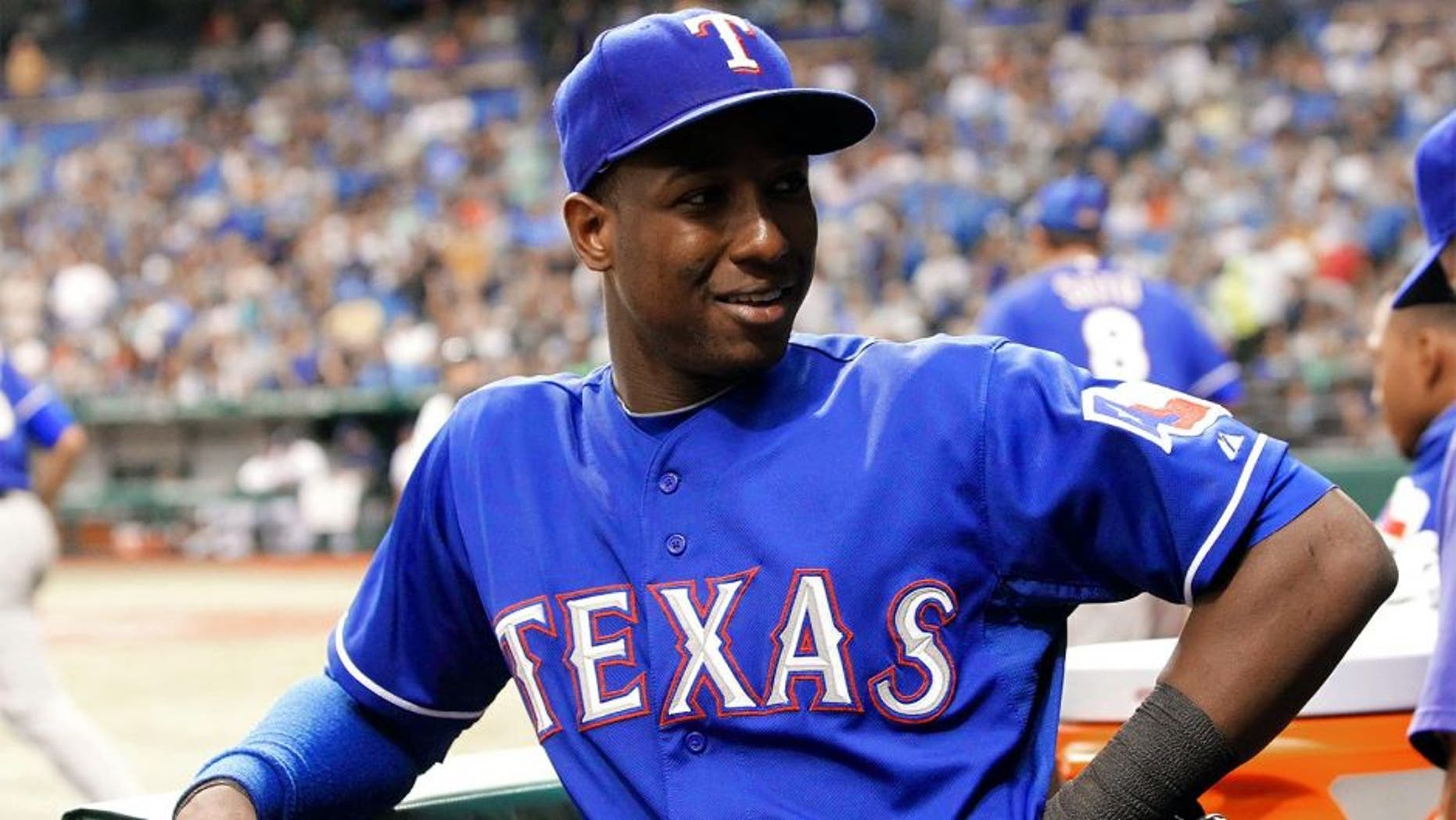 Sep 18, 2013; St. Petersburg, FL, USA; Texas Rangers second baseman Jurickson Profar (13) against the Tampa Bay Rays at Tropicana Field. Mandatory Credit: Kim Klement-USA TODAY Sports