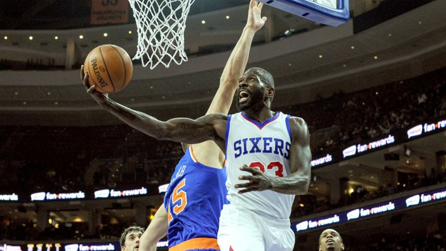 Mar 20, 2015; Philadelphia, PA, USA; Philadelphia 76ers guard Jason Richardson (23) goes up for a shot during the third quarter of the game against the New York Knicks at the Wells Fargo Center. The Sixers won the game 97-81. Mandatory Credit: John Geliebter-USA TODAY Sports