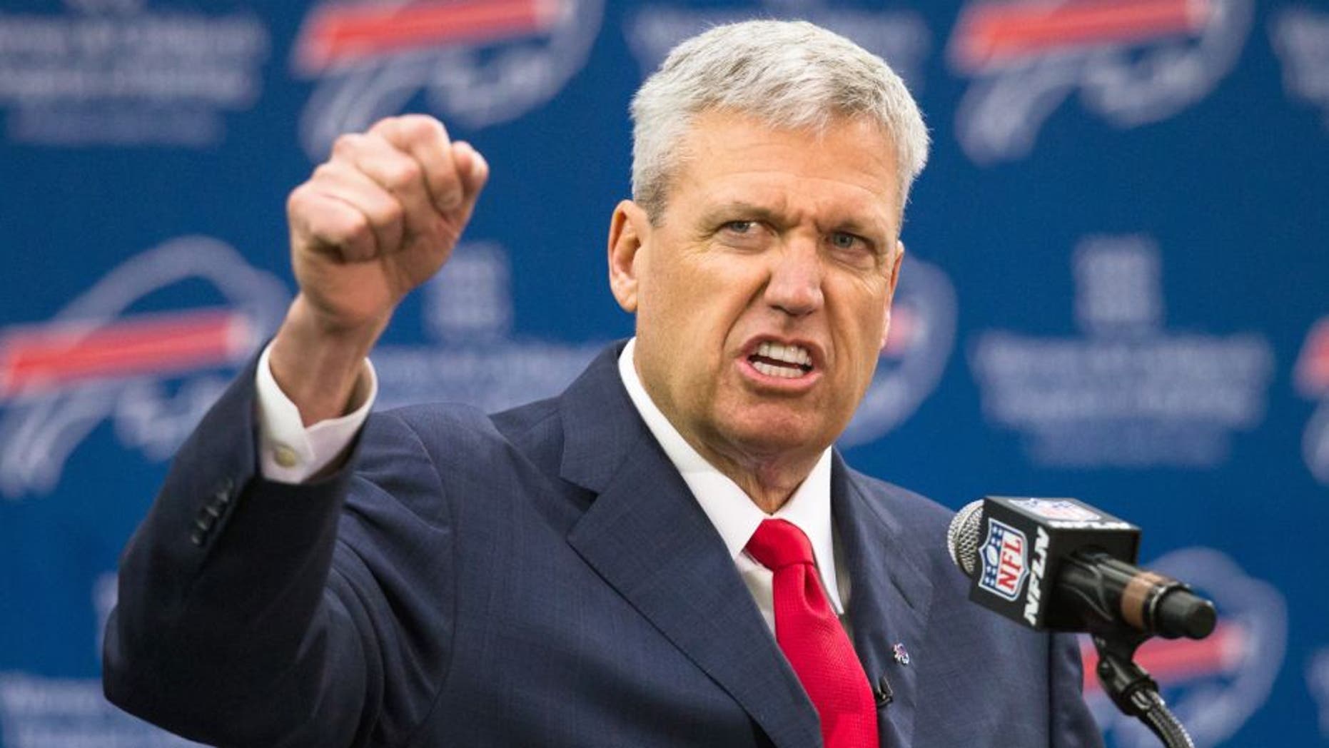 Rex Ryan speaks at a press conference announcing his arrival as head coach of the Buffalo Bills on January 14, 2015 at Ralph Wilson Stadium in Orchard Park, New York. (Photo by Brett Carlsen/Getty Images)