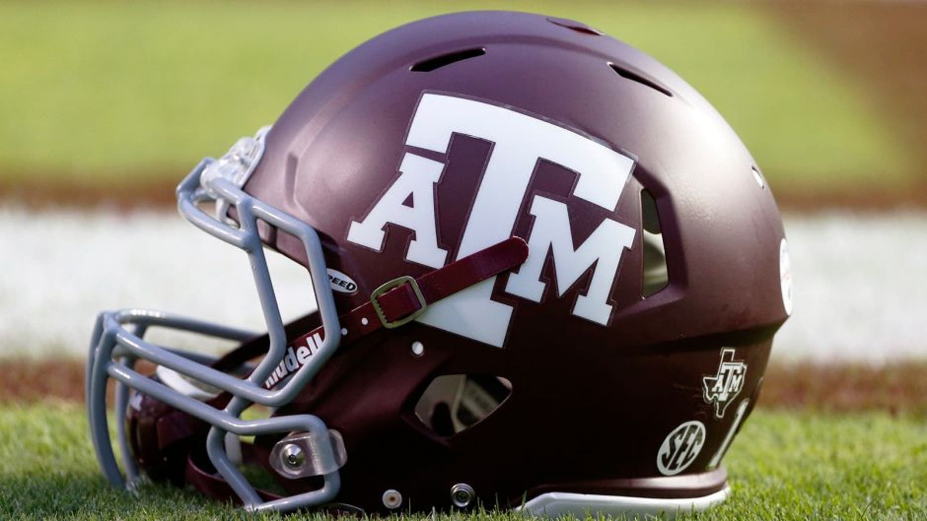 Sep 13, 2014; College Station, TX, USA; A Texas A&M Aggies helmet rest on the field prior to the game against the Rice Owls at Kyle Field. Mandatory Credit: Soobum Im-USA TODAY Sports