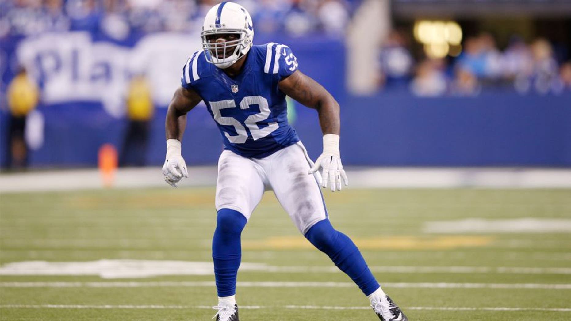 D'Qwell Jackson #52 of the Indianapolis Colts in action against the Tampa Bay Buccaneers during the game at Lucas Oil Stadium on November 29, 2015 in Indianapolis, Indiana. The Colts defeated the Bucs 25-12. (Photo by Joe Robbins/Getty Images)