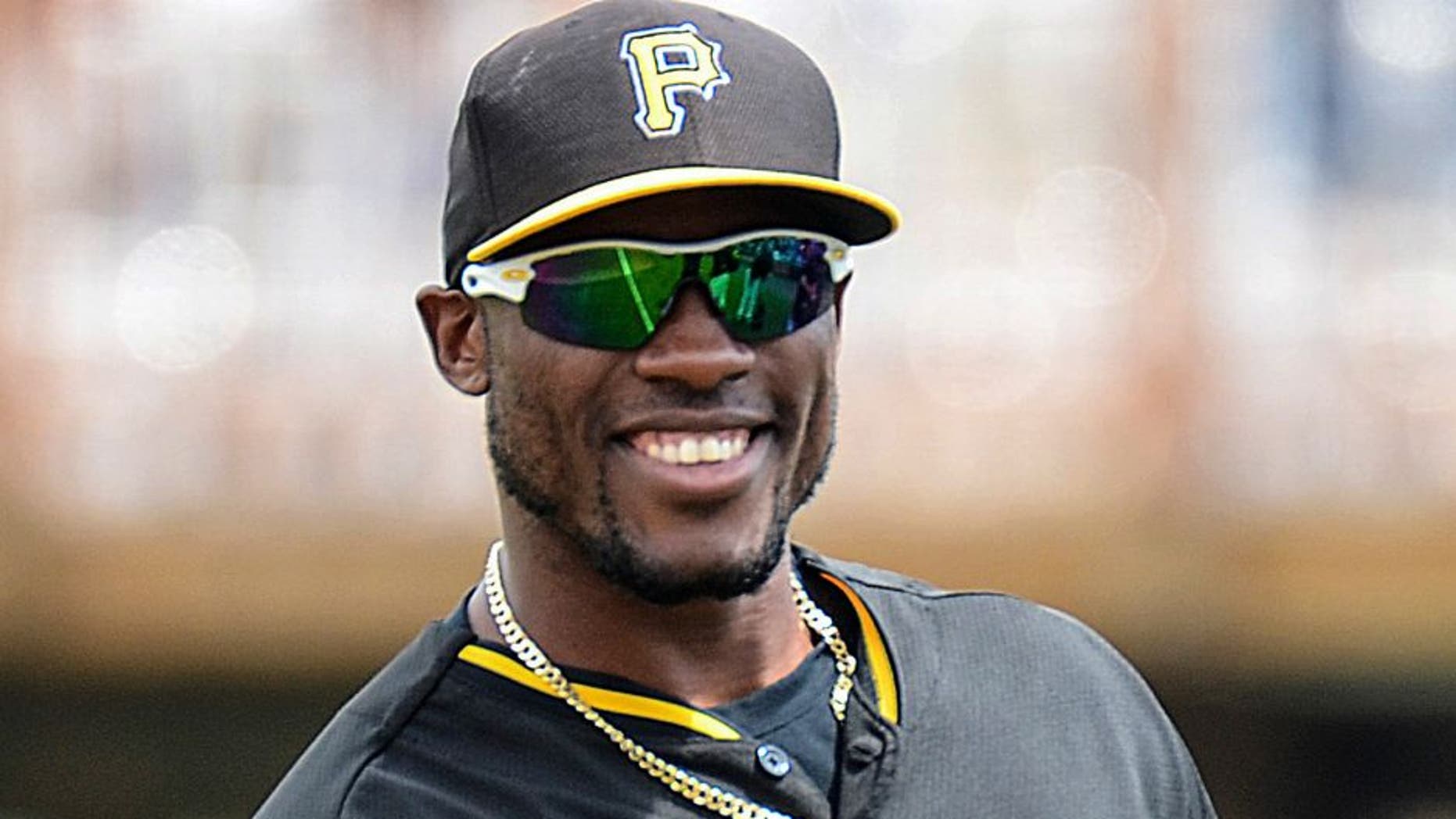 Mar 25, 2014; Bradenton, FL, USA; Pittsburgh Pirates outfielder Starling Marte (6) smiles before the start of the spring training exhibition game against the Toronto Blue Jays at McKechnie Field. Mandatory Credit: Jonathan Dyer-USA TODAY Sports