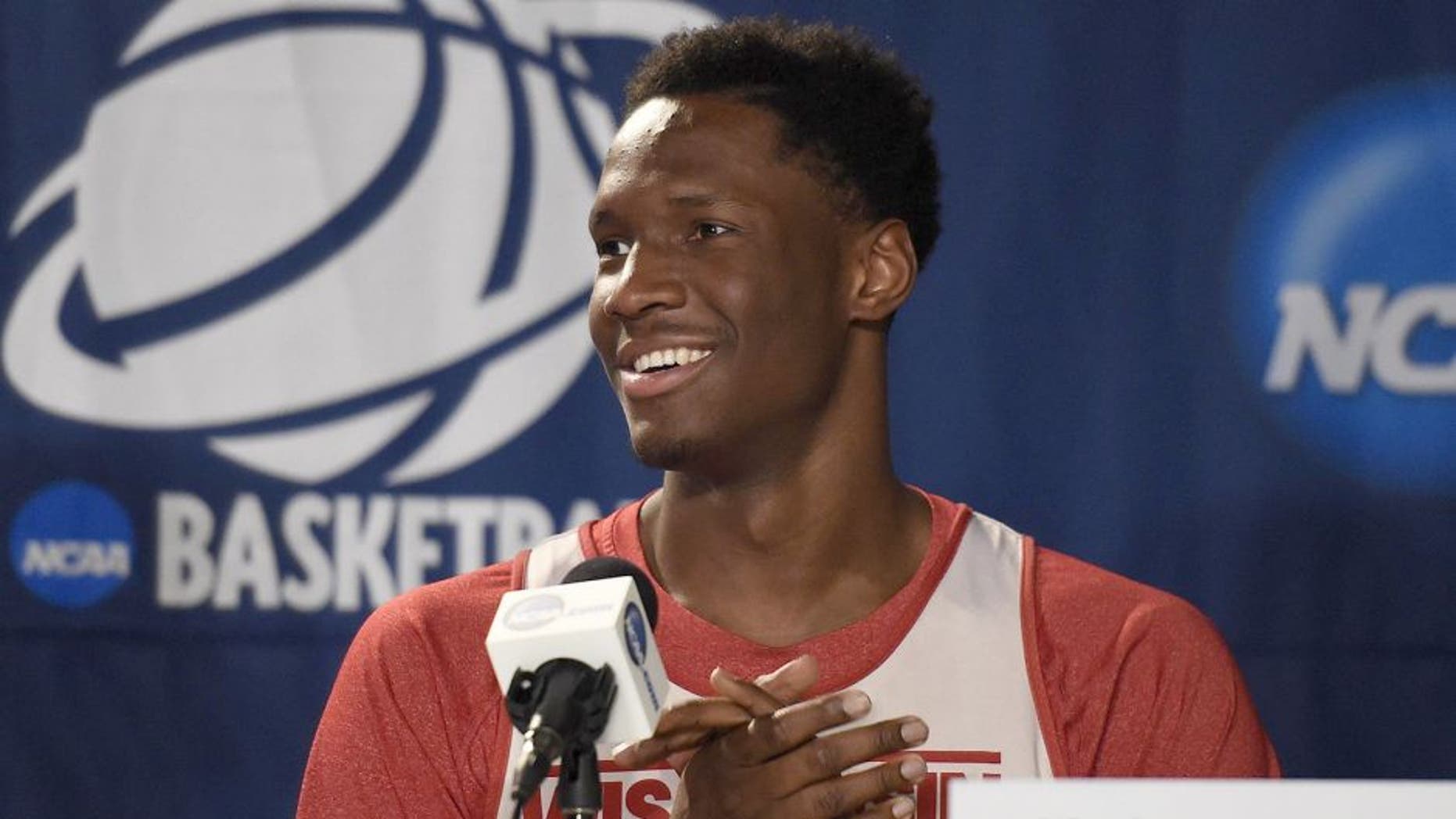 Mar 25, 2015; Los Angeles, CA, USA; Wisconsin Badgers forward Nigel Hayes (10) speaks to media during practice before the semifinal of the west regional at Staples Center. Mandatory Credit: Richard Mackson-USA TODAY Sports