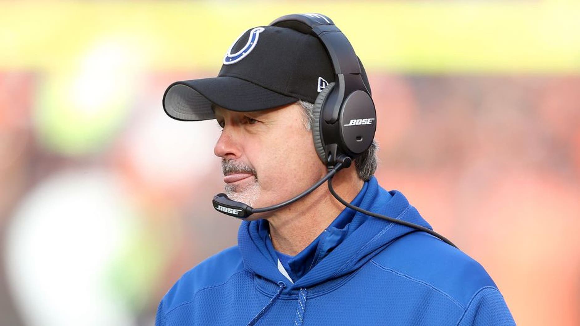 Dec 7, 2014; Cleveland, OH, USA; Indianapolis Colts head coach Chuck Pagano against the Cleveland Browns at FirstEnergy Stadium. The Cots won 25-24. Mandatory Credit: Ron Schwane-USA TODAY Sports