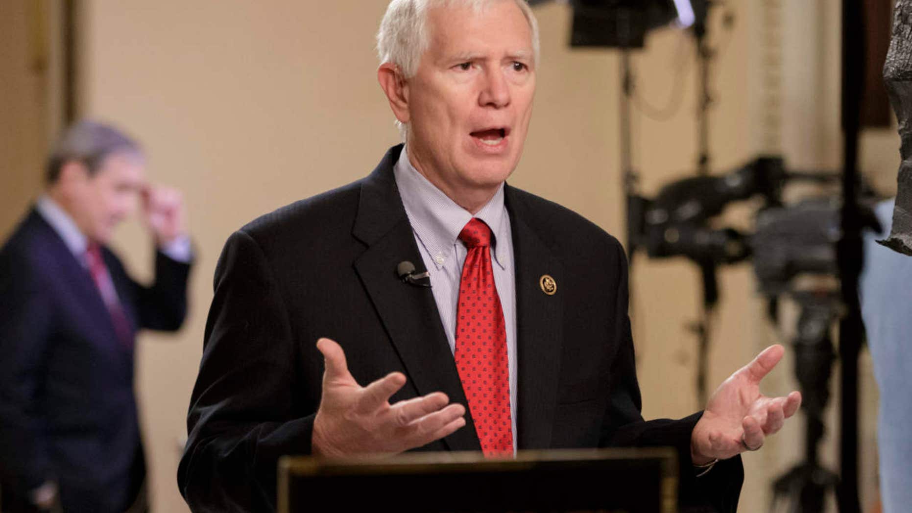 Rep. Mo Brooks, R-Ala., a member of the conservative Freedom Caucus responds during a TV interview on Capitol Hill in Washington, Thursday, March 23, 2017, as recalcitrant GOP lawmakers are being urged by House Speaker Paul Ryan to support the Republican health care bill when it goes to the floor for debate and a vote.