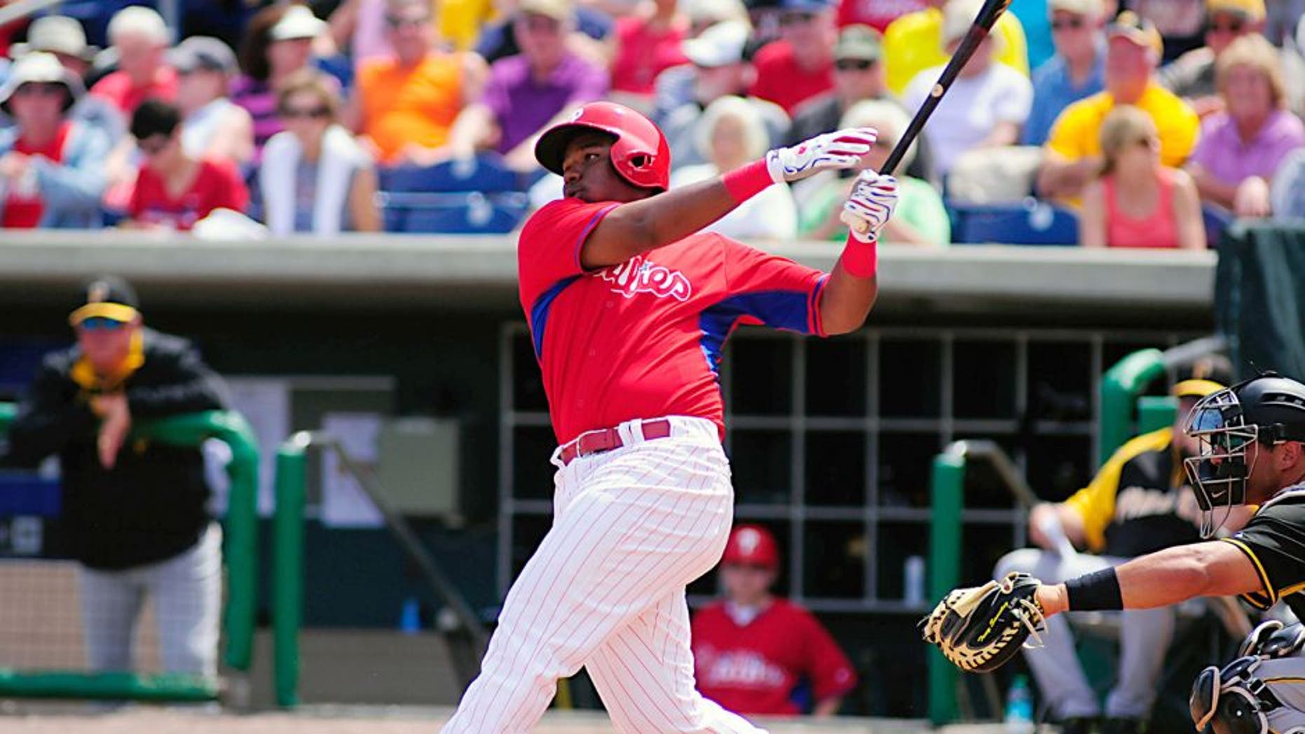 Mar 16, 2014; Clearwater, FL, USA; Philadelphia Phillies third baseman Maikel Franco (74) bats in the third inning against the Pittsburgh Pirates in a spring training exhibition at Bright House Field. Mandatory Credit: David Manning-USA TODAY Sports