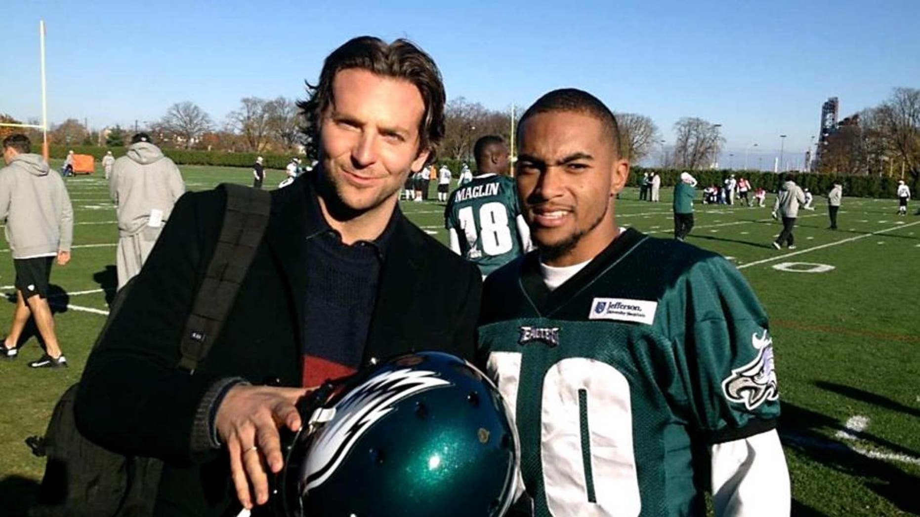 Actor, Bradley Cooper, of Silver Lining Playbook, went to Philadelphia Eaglesâ practice today and met with Eaglesâ wide receiver, DeSean Jackson. Bradley Cooper wears Jacksonâs #10 Jersey in the movie; and, DeSean Jackson also receives a mention in the movie which is scheduled on open in select theaters on Friday.