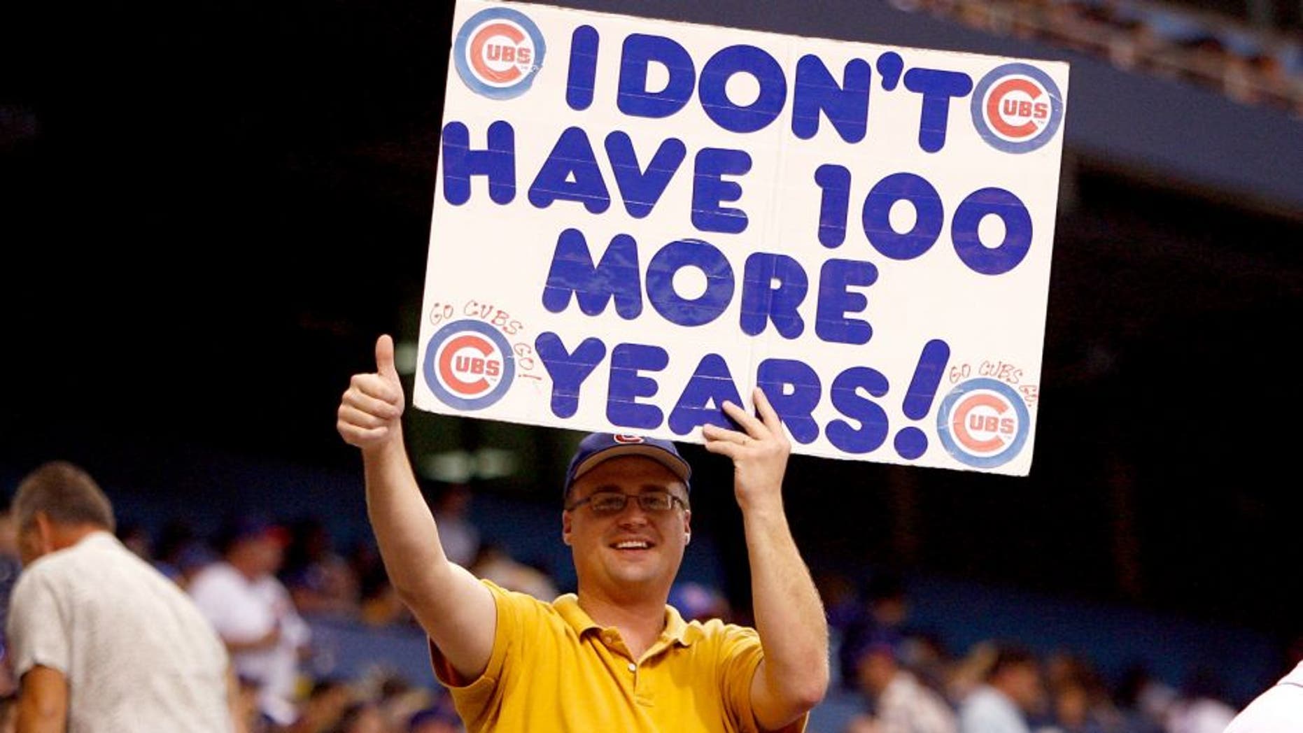 ST. PETERSBURG, FL - JUNE 18: A fan of the Chicago Cubs made a sign for the game against the Tampa Bay Rays during the game on June 18, 2008 at Tropicana Field in St. Petersburg, Florida. (Photo by J. Meric/Getty Images)