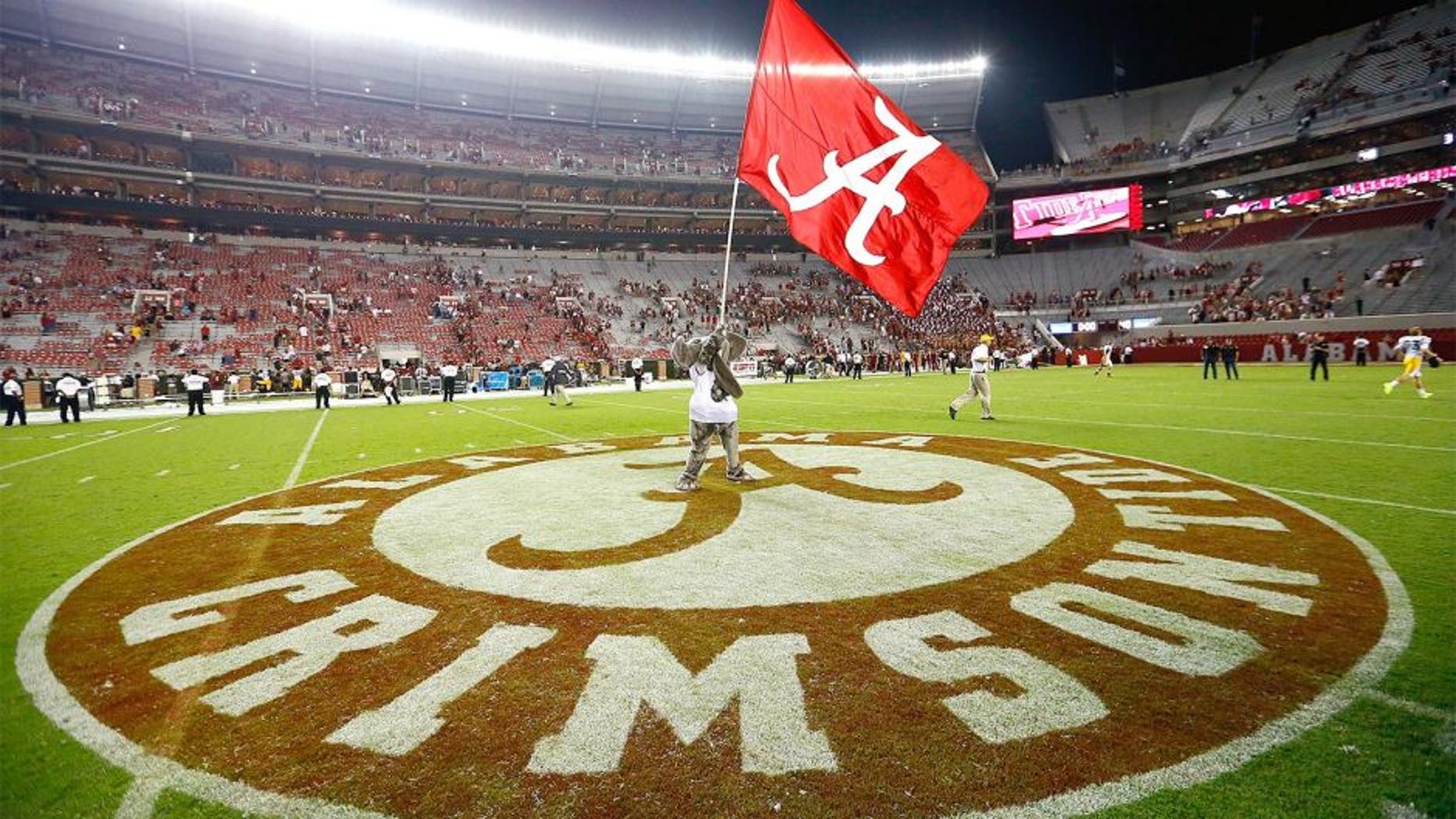 TUSCALOOSA, AL - SEPTEMBER 13: Big Al, mascot of the Alabama Crimson Tide, waves the flag after their 52-12 win over the Southern Miss Golden Eagles at Bryant-Denny Stadium on September 13, 2014 in Tuscaloosa, Alabama. (Photo by Kevin C. Cox/Getty Images)