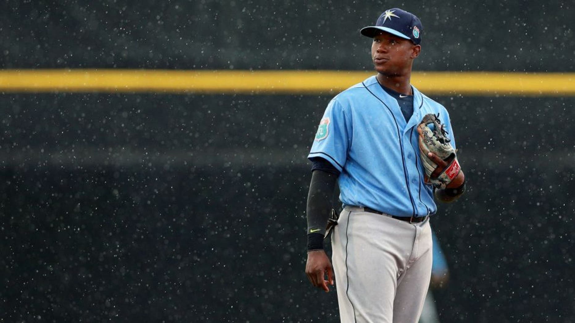 Mar 29, 2016; Dunedin, FL, USA; Tampa Bay Rays second baseman Tim Beckham (1) looks on as it rains during the second inning against the Toronto Blue Jays at Florida Auto Exchange Stadium. Mandatory Credit: Kim Klement-USA TODAY Sports