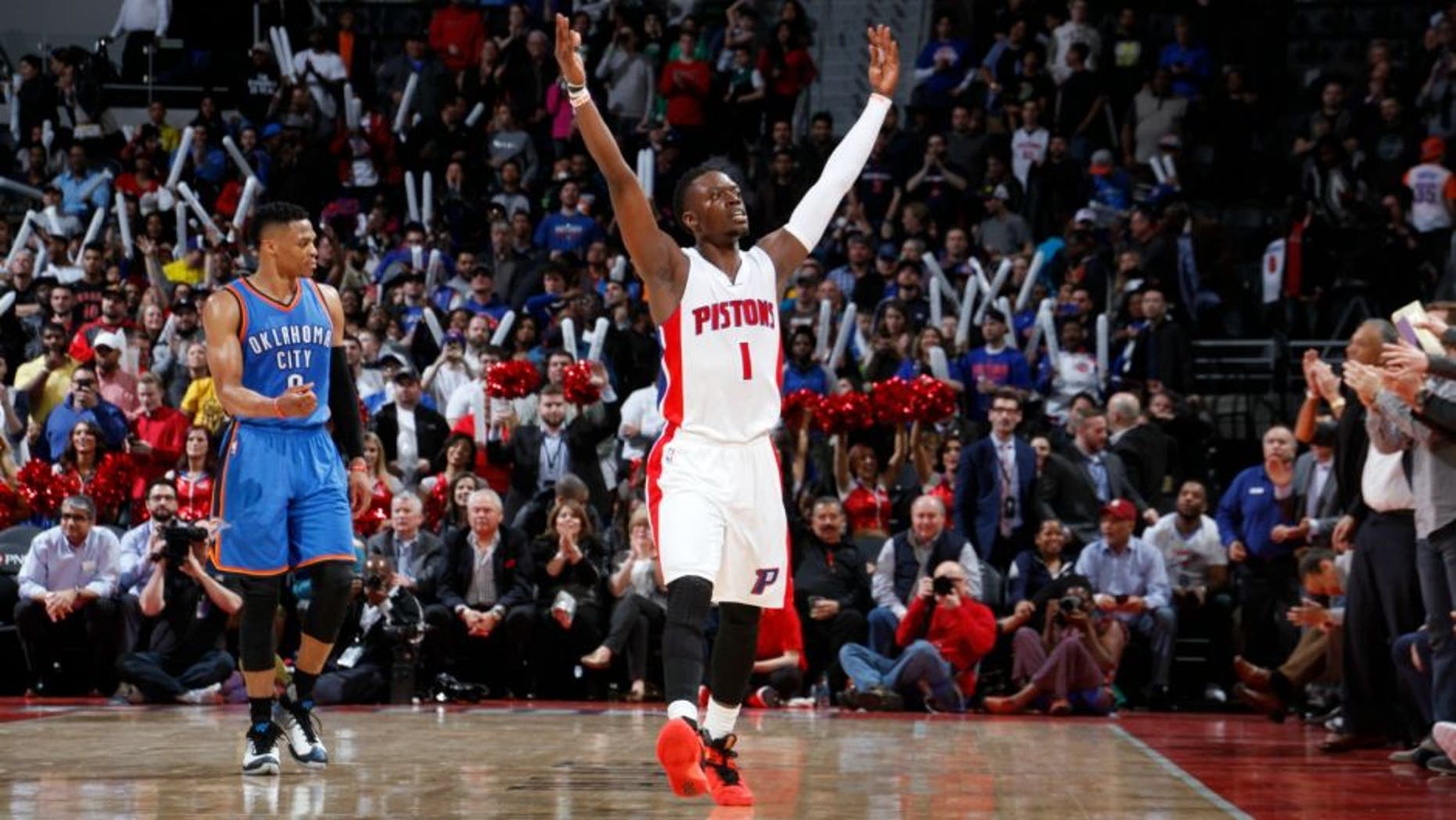 AUBURN HILLS, MI - MARCH 29: Reggie Jackson #1 of the Detroit Pistons reacts after a play against the Oklahoma City Thunder during the game on March 29, 2016 at The Palace of Auburn Hills in Auburn Hills, Michigan. NOTE TO USER: User expressly acknowledges and agrees that, by downloading and or using this Photograph, user is consenting to the terms and conditions of the Getty Images License Agreement. Mandatory Copyright Notice: Copyright 2016 NBAE (Photo by B. Sevald/Einstein/NBAE via Getty Images)