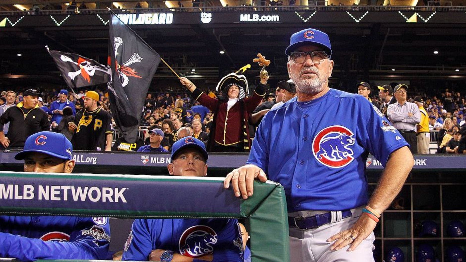 PITTSBURGH, PA - OCTOBER 07: Manager Joe Maddon #70 of the Chicago Cubs looks on prior to the National League Wild Card game between the Pittsburgh Pirates and the Chicago Cubs at PNC Park on October 7, 2015 in Pittsburgh, Pennsylvania. (Photo by Justin K. Aller/Getty Images)