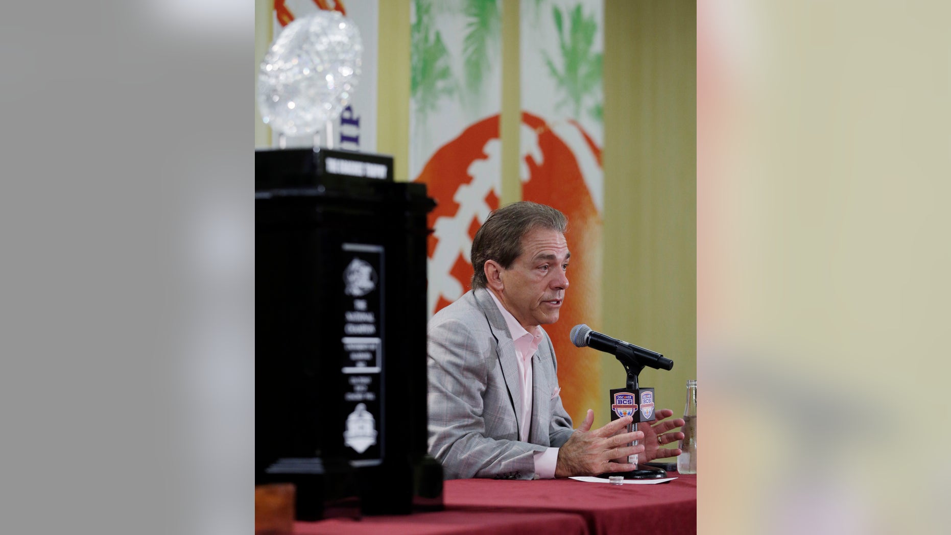 Alabama head coach Nick Saban speaks during a BCS National Championship college football game news conference Tuesday, Jan. 8, 2013, in Ft. Lauderdale, Fla. Alabama defeated Notre Dame 42-14 Monday night to win the national championship. (AP Photo/Morry Gash)