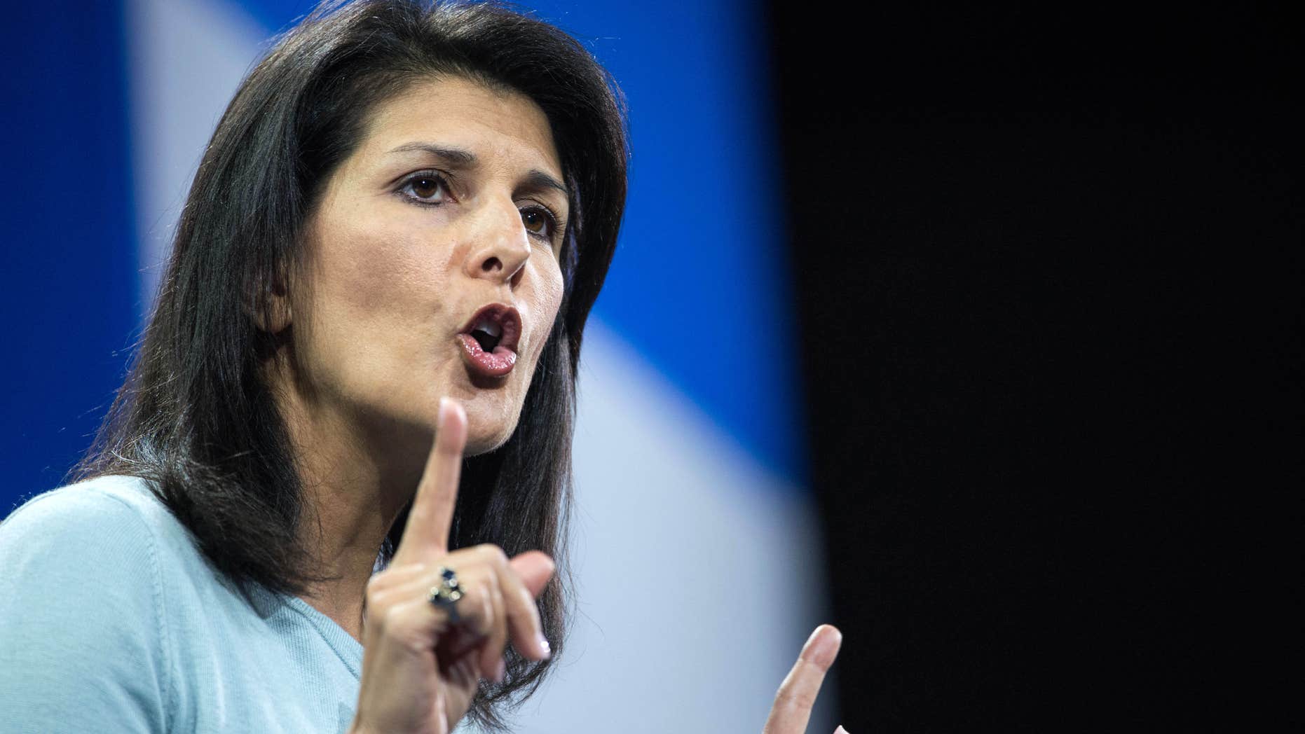 FILE - In this Jan. 9, 2016 file photo, South Carolina Gov. Nikki Haley speaks to the crowd at the Kemp Forum in Columbia, S.C.