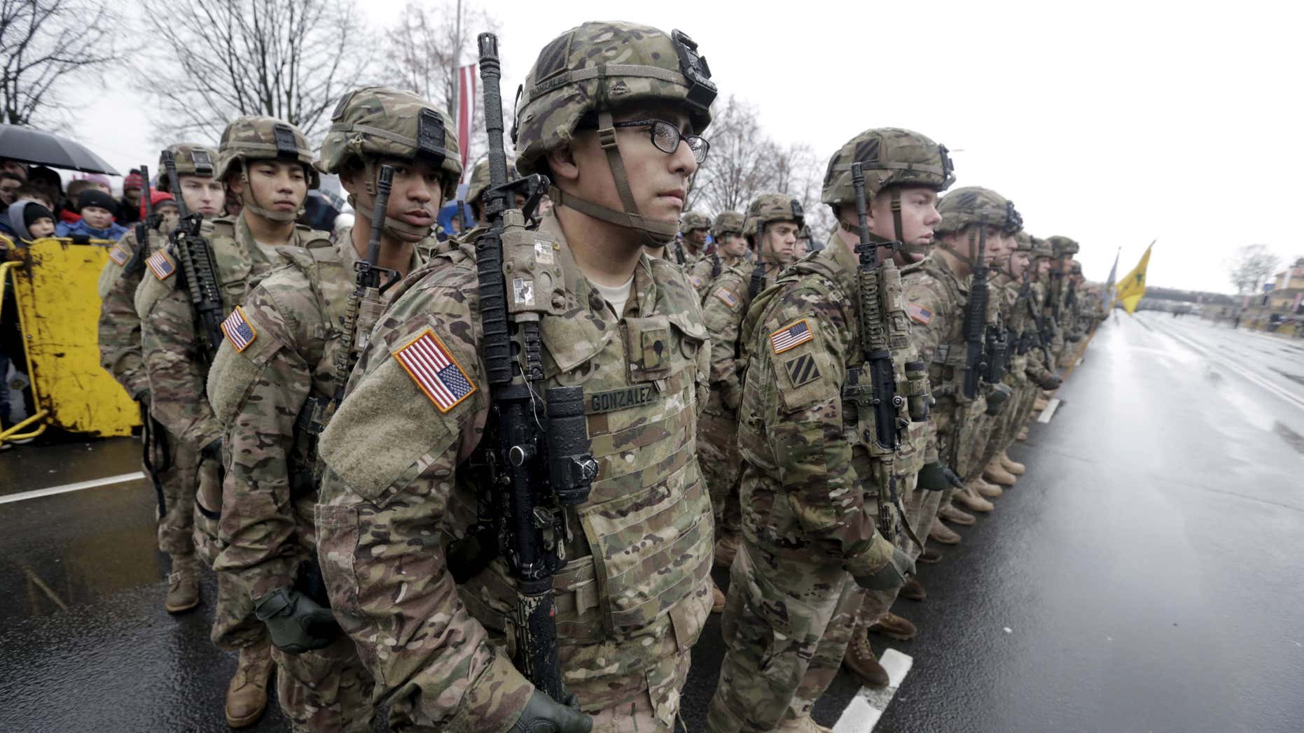 Nov. 18, 2015: U.S. troops participate in Latvia's Independence Day military parade in Riga.