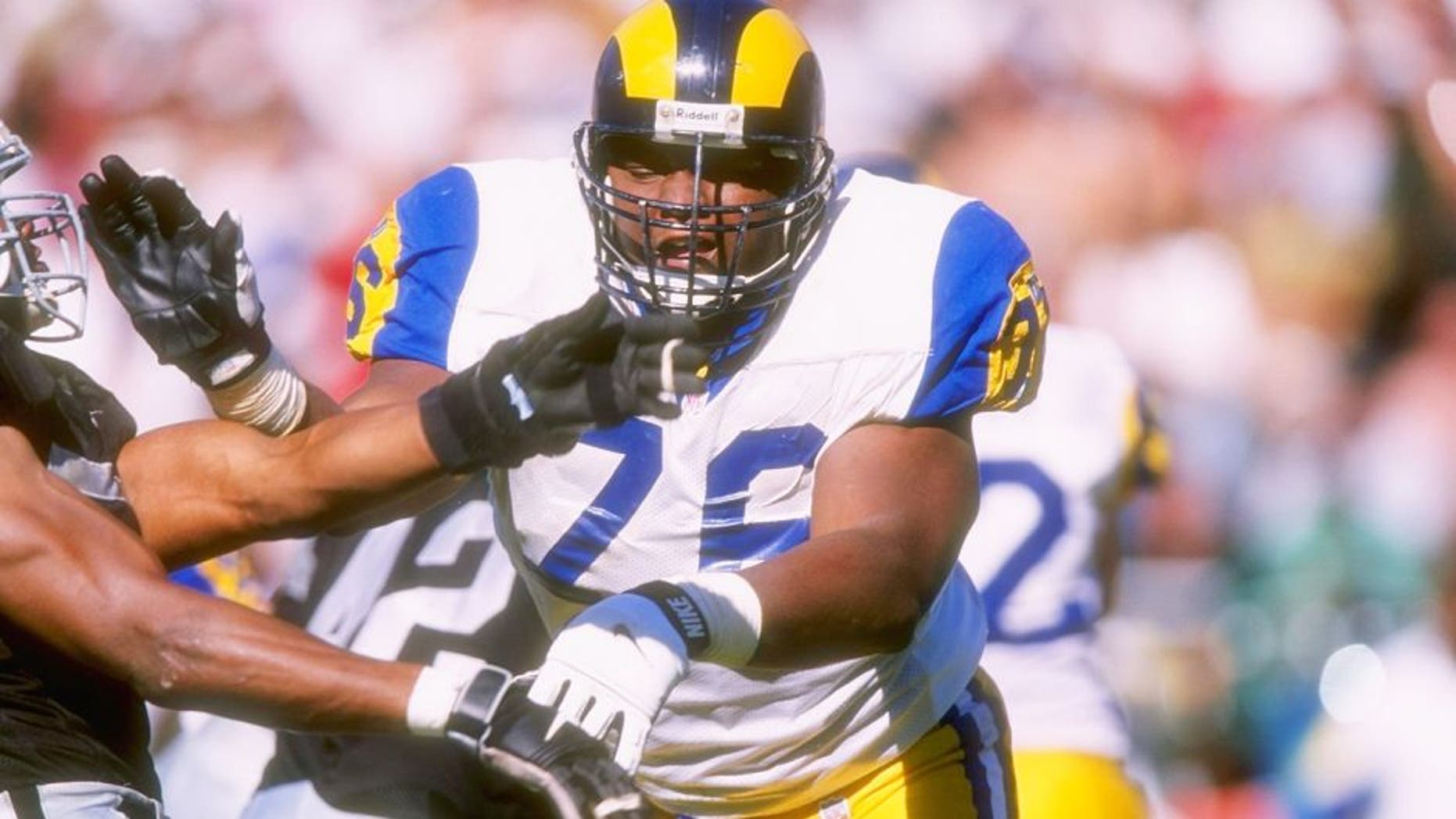 28 Sep 1997: Offensive lineman Orlando Pace #76 of the St. Louis Rams in action during the Rams 35-17 loss to the Oakland Raiders at UMAX Stadium in Oakland, California. Mandatory Credit: Todd Warshaw /Allsport