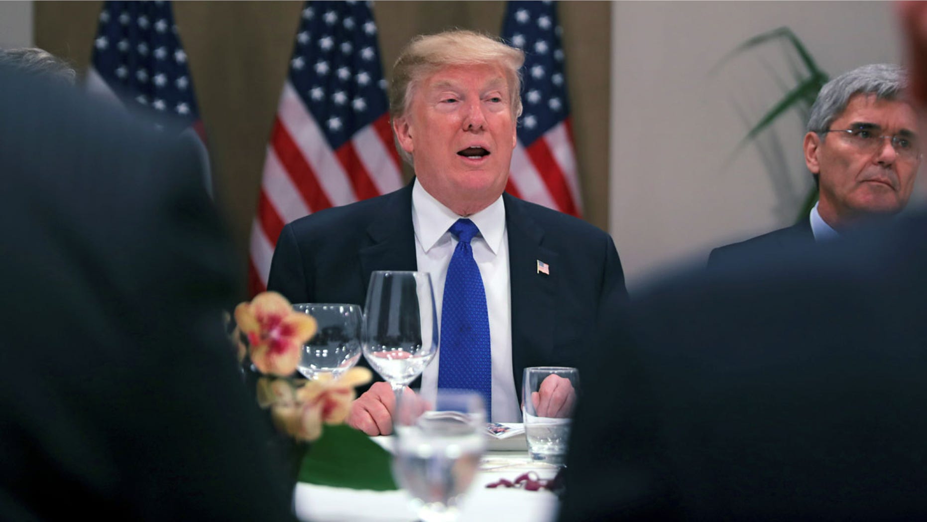 President Trump attends a dinner with business leaders and heads of state during the World Economic Forum in Davos, Switzerland.