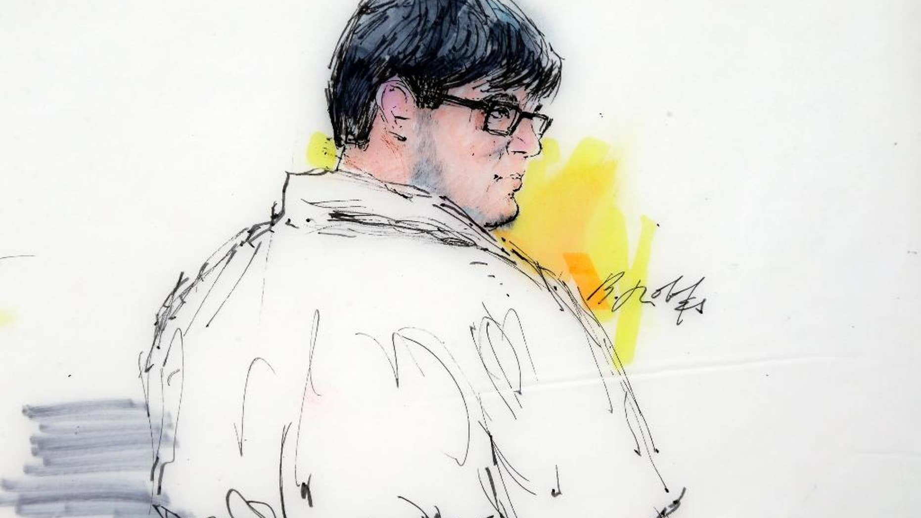 FILE - In this Dec. 21, 2015 courtroom file sketch, Enrique Marquez Jr. appears in federal court in Riverside, Calif. Marquez, who faces charges for buying the rifles used in the San Bernardino attack, is asking that his trial be moved from July to March 2017. In a Friday, April 29, 2016 filing in federal court, attorneys for Marquez say there's too much evidence involved to make a July trial practical or fair to their client. (Bill Robles via AP, File)