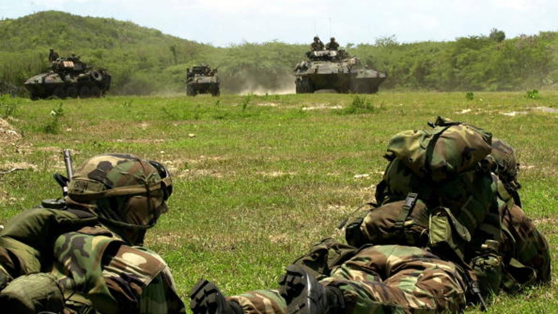 Us Marines Practice Assaulting An Enemy Position August 6, 2001 On The Puerto Rican Island Of Vieques. The Us Marine Corps Are Conducting A Training Exercise On The Island, Which Is Also The Site Of A Controversial Us Navy Bombing Range.