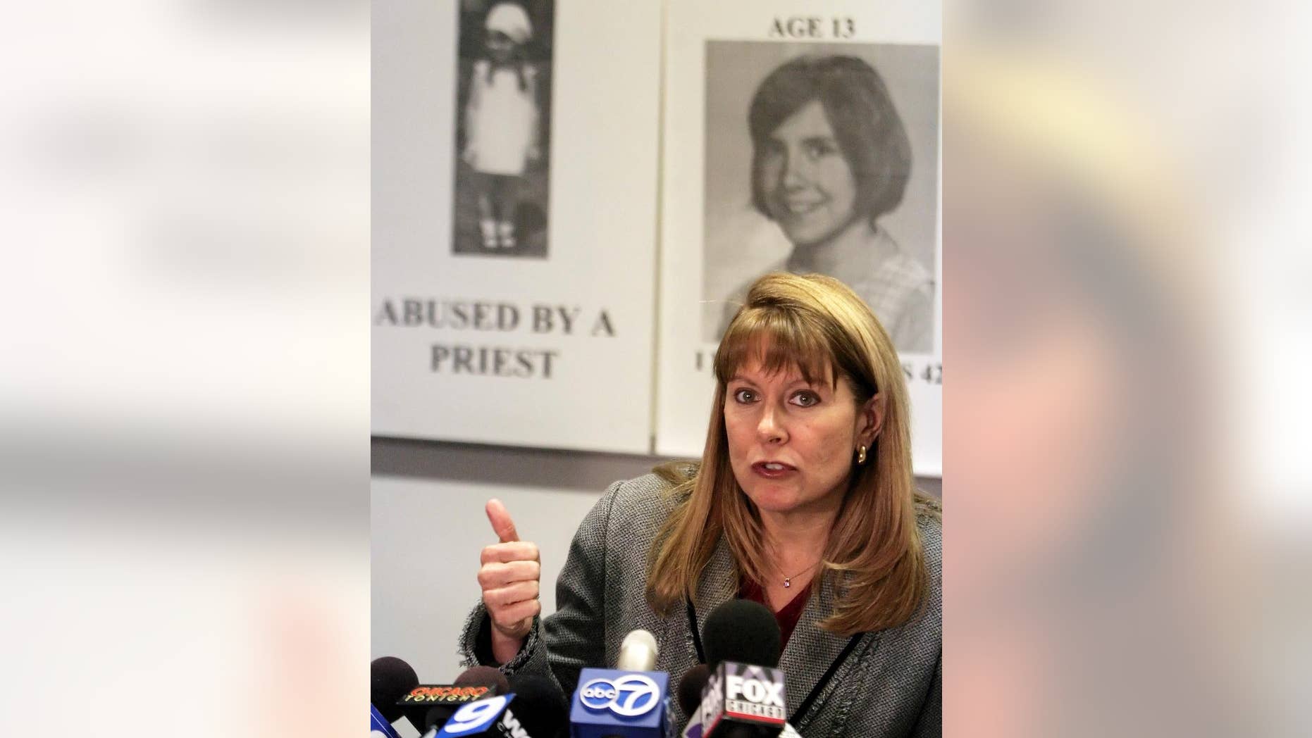 FILE - In this Feb. 15, 2006, file photo, Barbara Blaine, president of the Survivors Network of those Abused by Priests, also known as SNAP, speaks out at a news conference in Chicago after the Archdiocese of Chicago appointed a chancellor to oversee internal investigations of child sex abuse allegations. Blaine, the founder of the group that advocates for priest abuse victims, has stepped down after three decades of campaigning to force the Catholic Church to recognize the extent of the scandal and compensate thousands of people affected. (AP Photo/Joshua Lott, File)