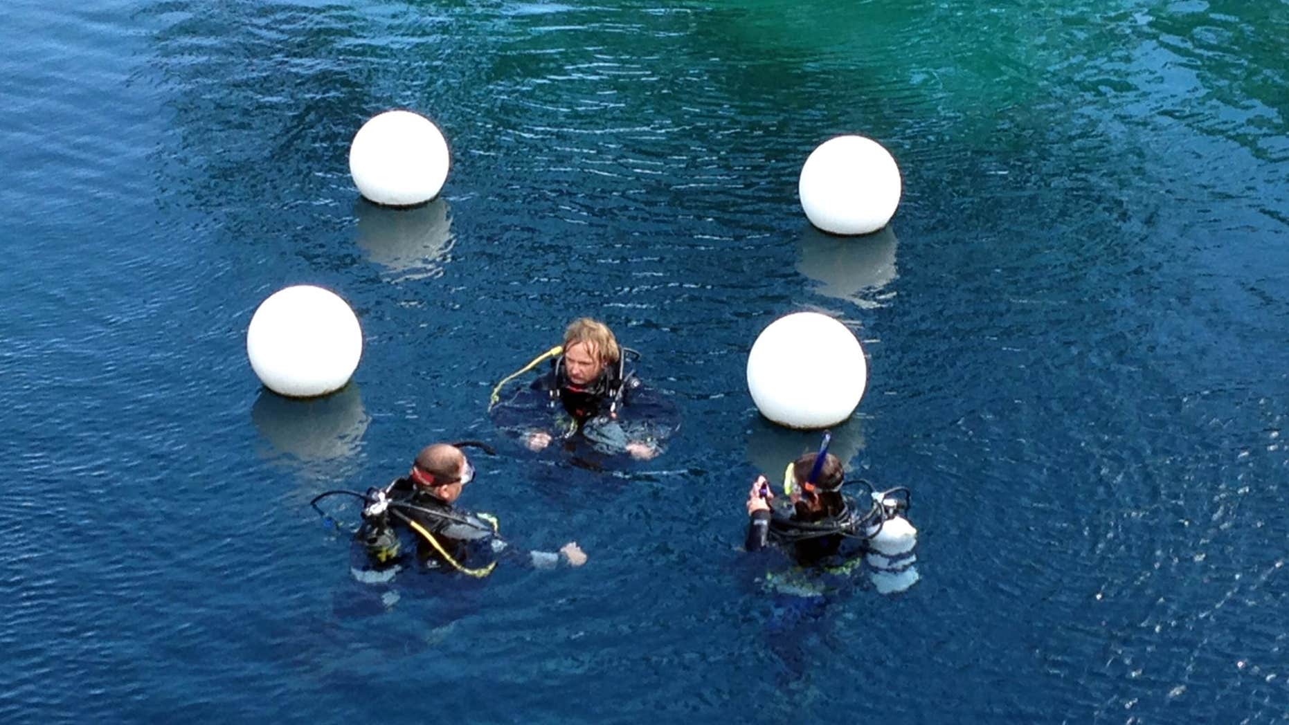 FILE - This June 6, 2015 file photo shows divers at Blue Hole State Park in Santa Rosa, N.M.