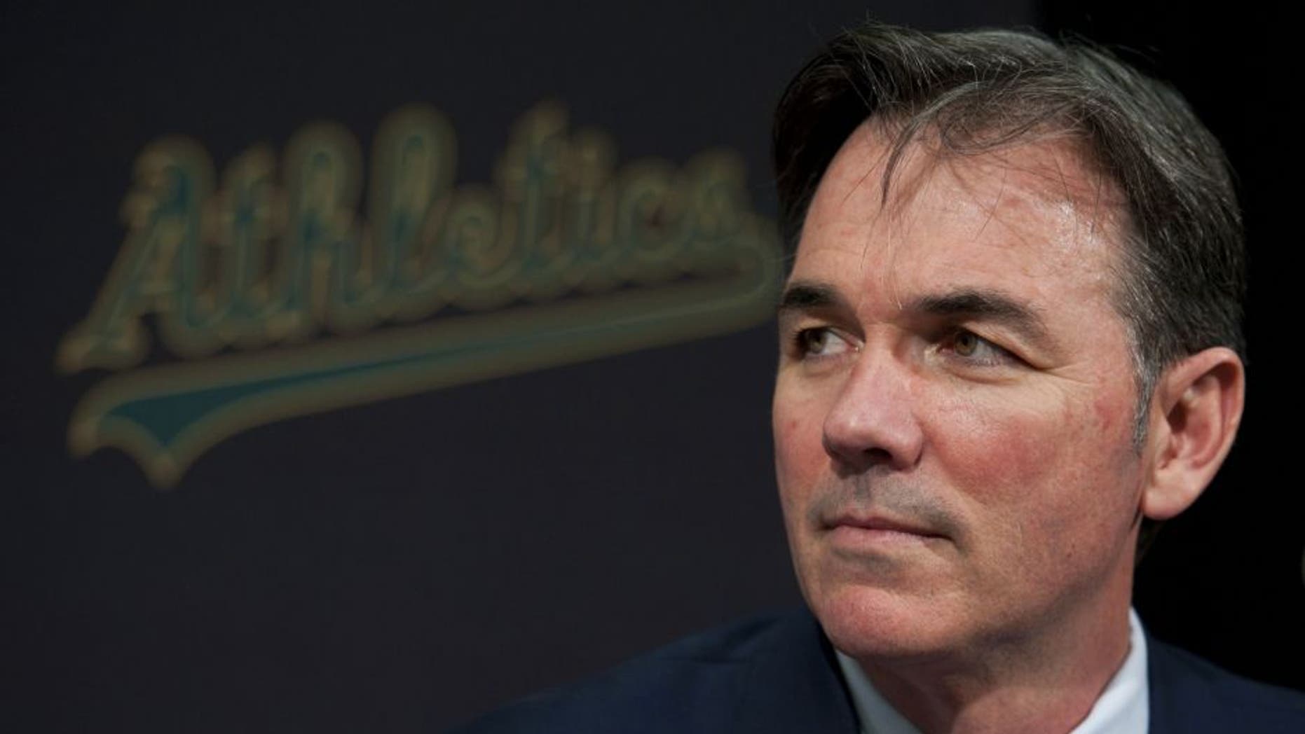 December 14, 2010; Oakland, CA, USA; Oakland Athletics general manager Billy Beane addresses the media during a press conference following designated hitter Hideki Matsui (not pictured) signing with the Athletics at Oakland-Alameda County Coliseum. Mandatory Credit: Kyle Terada-USA TODAY Sports