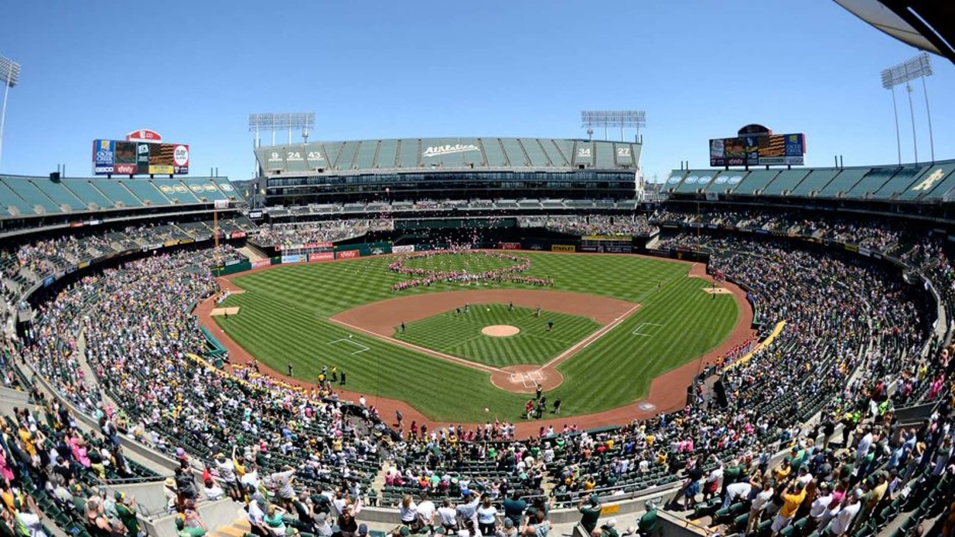 May 11, 2014; Oakland, CA, USA; General view of O.co Coliseum with breast cancer awareness supporters on the field letting go pink balloons before the game between the Oakland Athletics and the Washington Nationals. Mandatory Credit: Kyle Terada-USA TODAY Sports