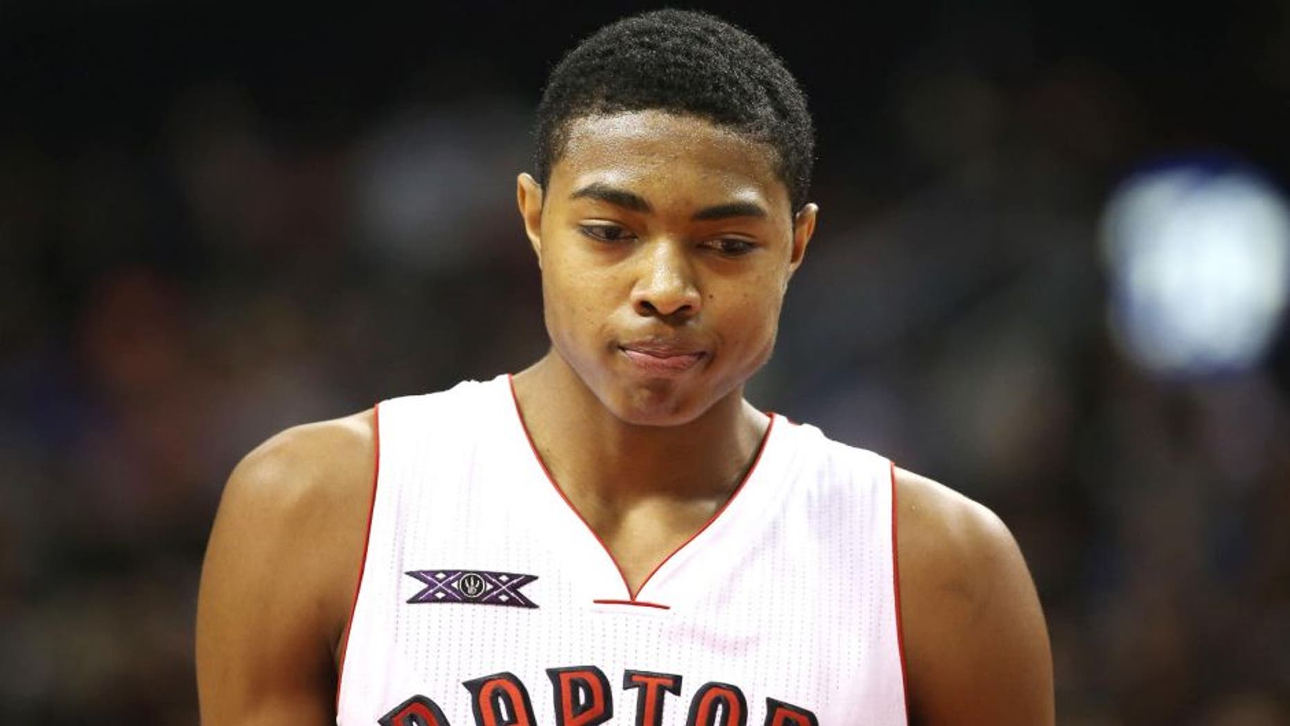 Nov 21, 2014; Toronto, Ontario, CAN; Toronto Raptors forward Bruno Caboclo (5) during their victory against the Milwaukee Bucks at Air Canada Centre. The Raptors beat the Bucks 124-83. Mandatory Credit: Tom Szczerbowski-USA TODAY Sports