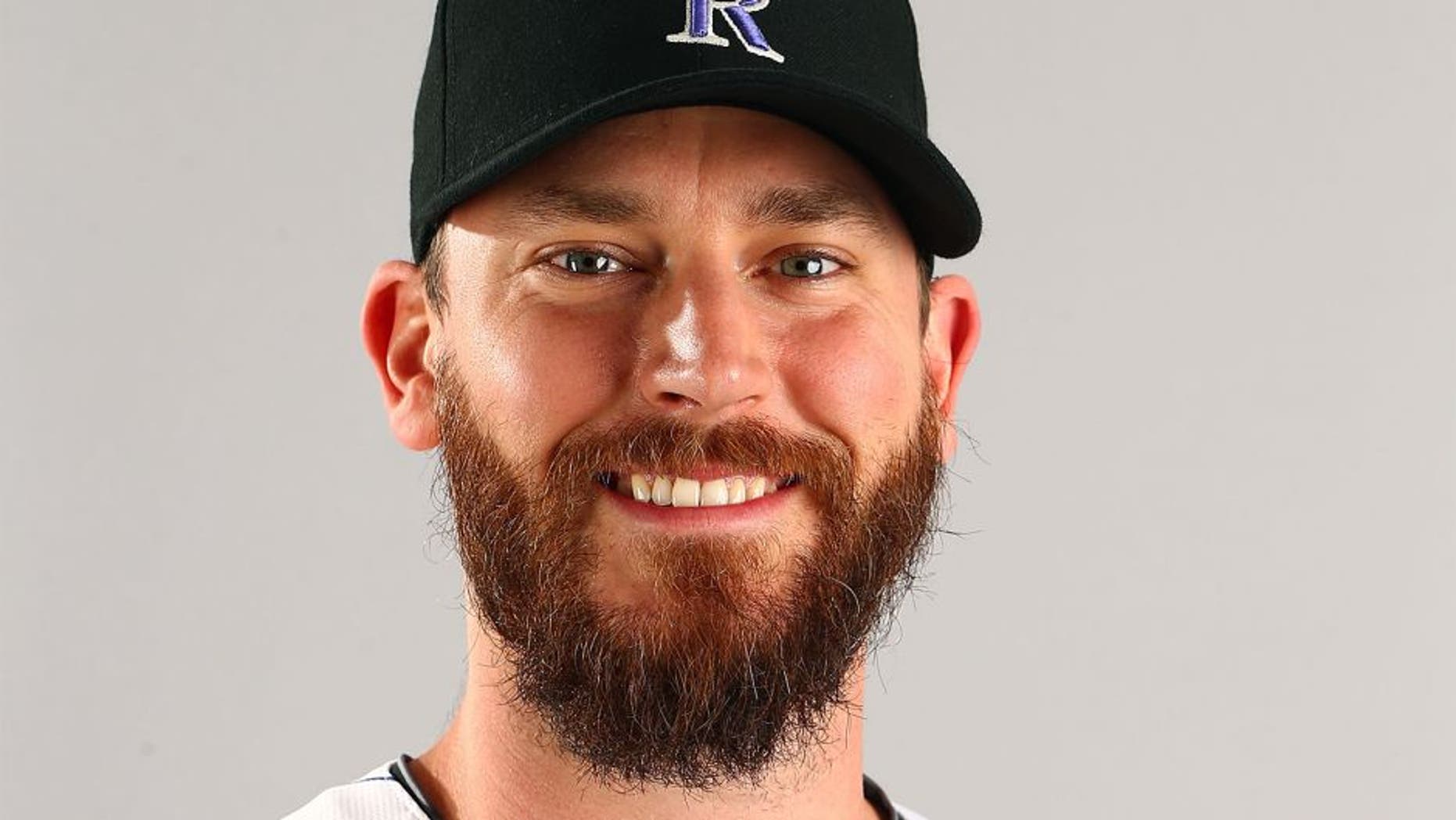 Mar 1, 2015; Scottsdale, AZ, USA; Colorado Rockies pitcher John Axford poses for a portrait during photo day at Salt River Fields. Mandatory Credit: Mark J. Rebilas-USA TODAY Sports