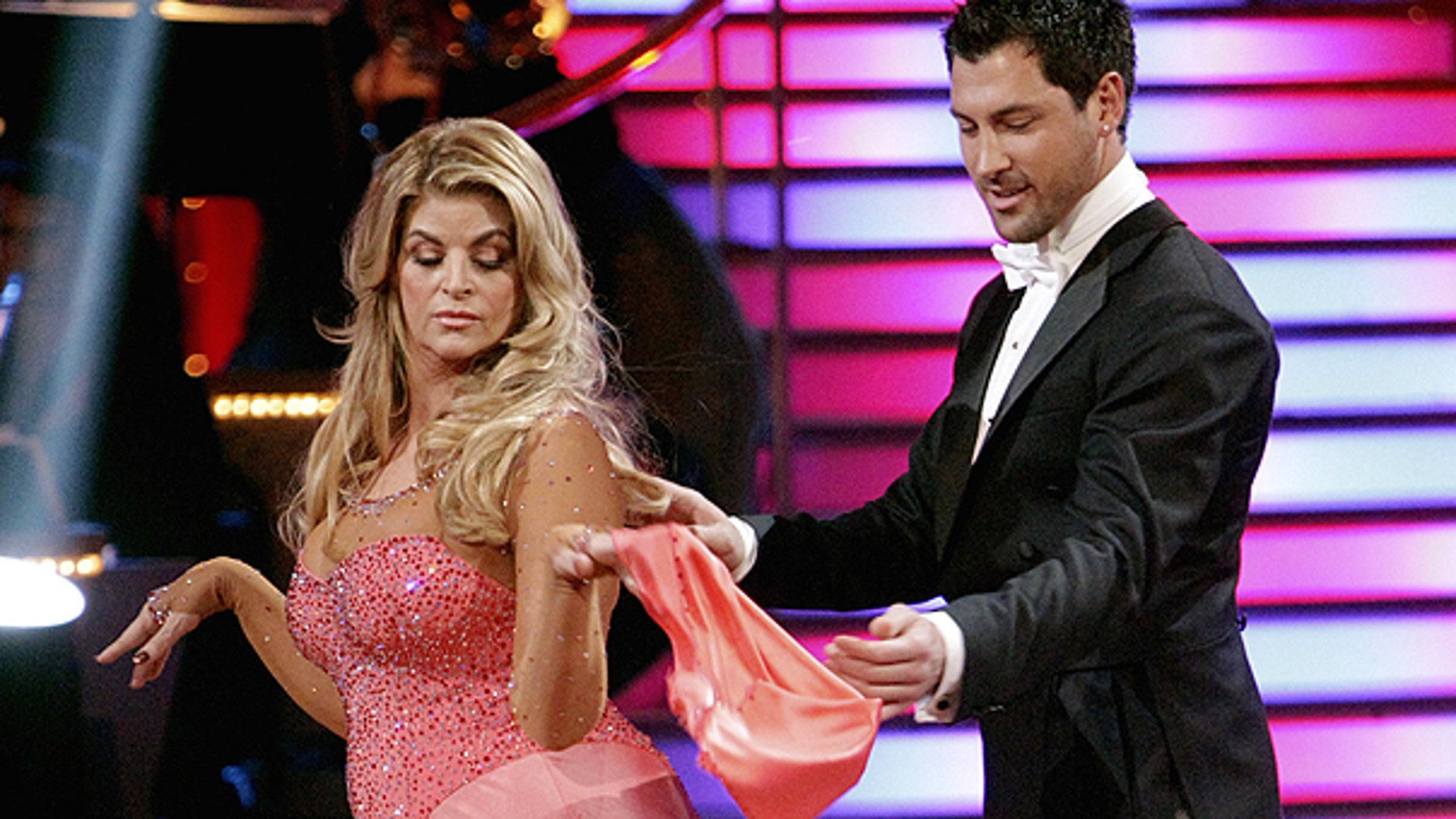 March 28: In this publicity image released by ABC, actress Kirstie Alley, left, and her partner Maksim Chmerkovskiy perform on the celebrity dance competition series 'Dancing With the Stars' in Los Angeles.