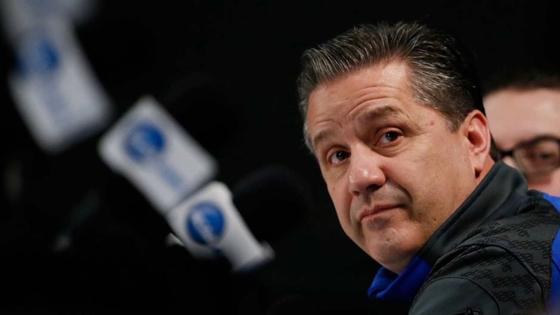 Apr 6, 2014; Arlington, TX, USA; Kentucky Wildcats head coach John Calipari speaks at a press conference during practice before the championship game of the Final Four in the 2014 NCAA Mens Division I Championship tournament at AT&T Stadium. Mandatory Credit: Kevin Jairaj-USA TODAY Sports