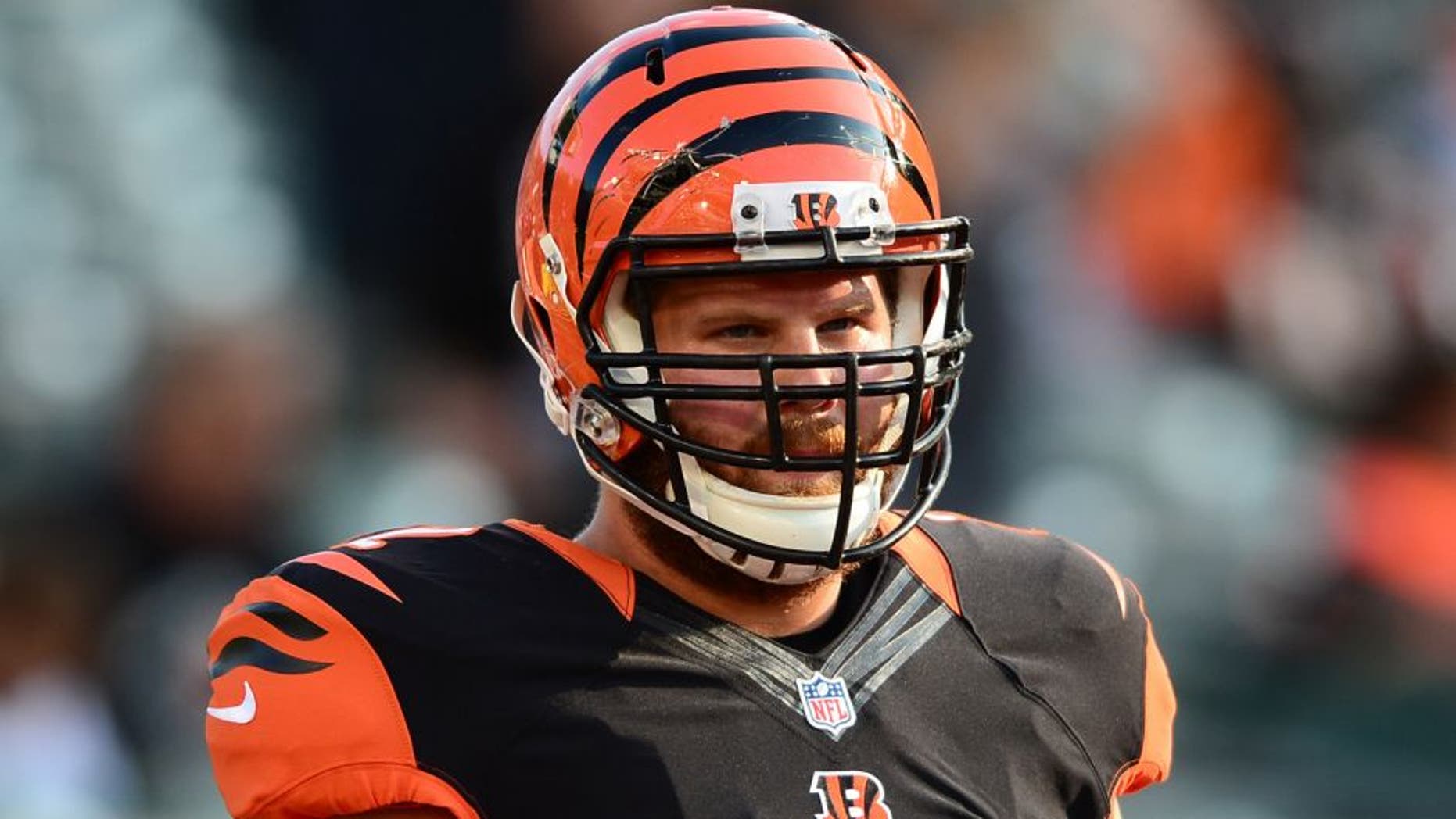 Aug 28, 2014; Cincinnati, OH, USA; Cincinnati Bengals guard Tanner Hawkinson (72) against the Indianapolis Colts at Paul Brown Stadium. Mandatory Credit: Andrew Weber-USA TODAY Sports