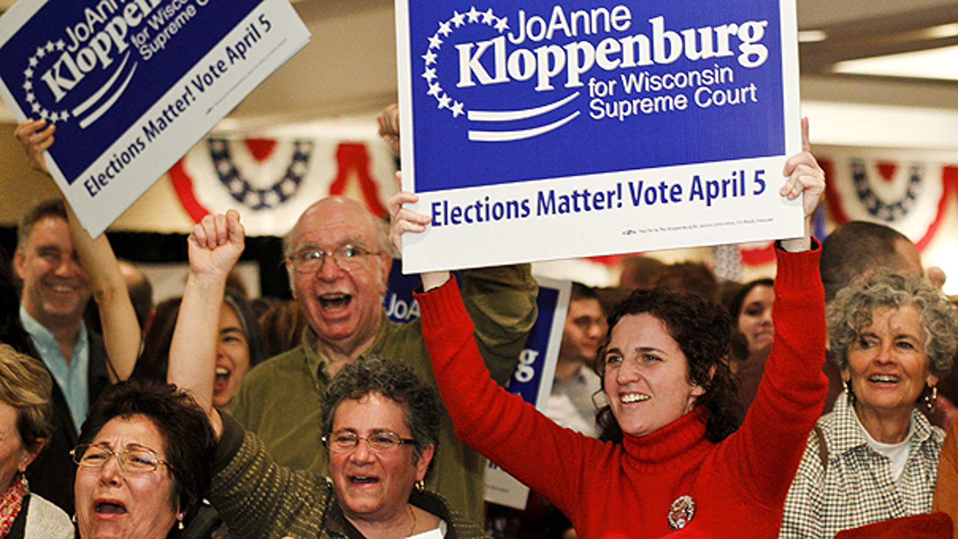 FILE: This April 2011 photo shows supporters for Wisconsin Supreme Court candidate JoAnne Kloppenburg in Madison, Wis. On May 31 Kloppenburg conceded to incumbent Justice David Prosser.