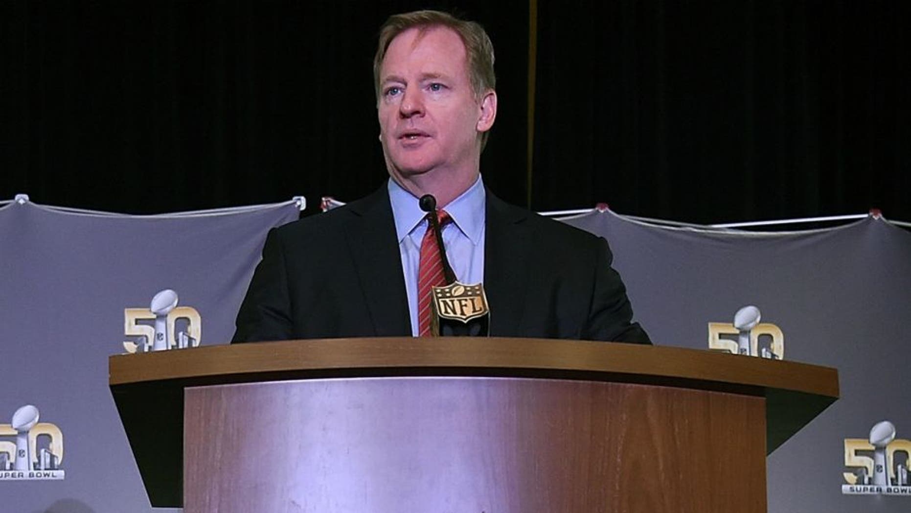 NFL commissioner Roger Goodell addresses the media during the Super Bowl 50 MVP trophy presentation at the Moscone Center West on February 8, 2016 in San Francisco, California. Von Miller #58 of the Broncos was the games MVP. (Photo by Thearon W. Henderson/Getty Images)