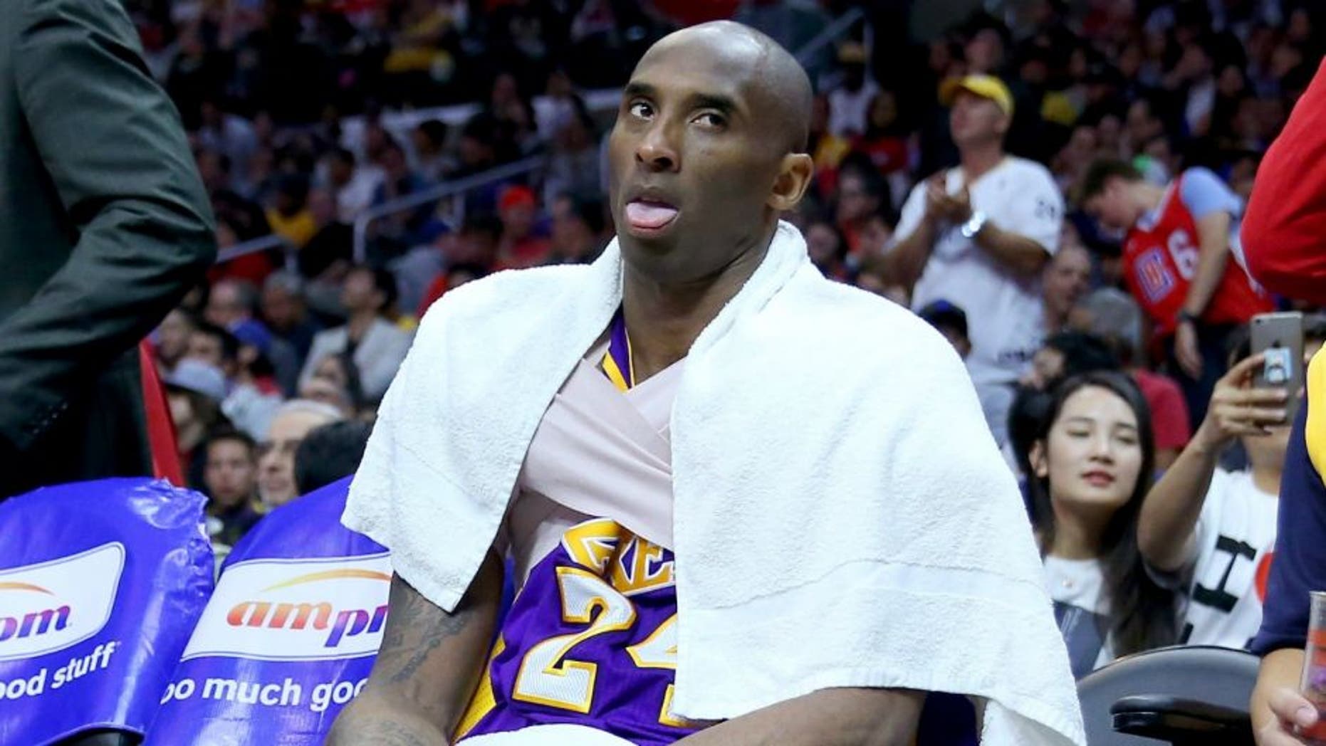 LOS ANGELES, CALIFORNIA - APRIL 05: Kobe Bryant #24 of the Los Angeles Lakers sits on the bench during the second half of an NBA game between Los Angeles Clippers vs Los Angeles Lakers at Staples Center, Los Angeles , CA, USA on April 05, 2016. NOTE TO USER: User expressly acknowledges and agrees that, by downloading and or using this photograph, User is consenting to the terms and conditions of the Getty Images License Agreement. (Photo by Sean M. Haffey/Getty Images)
