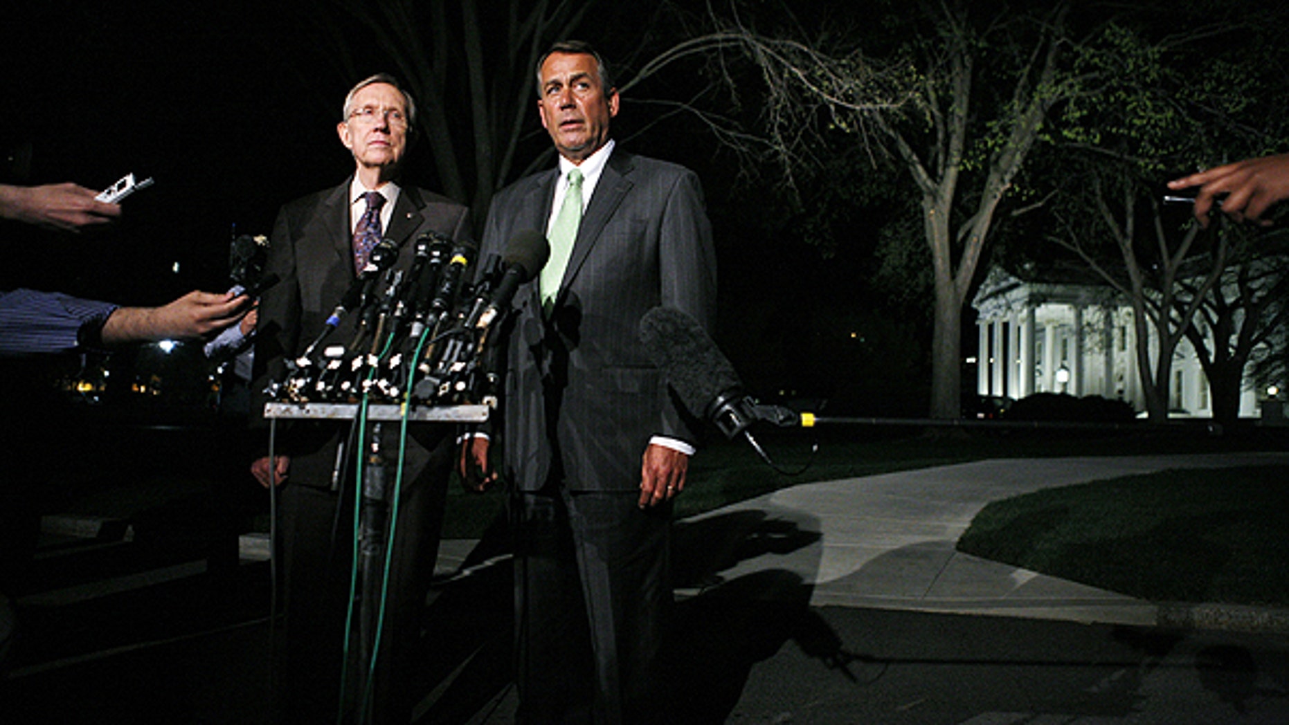 April 6: House Speaker John Boehner, R-Ohio and Senate Majority Leader Harry Reid, D-Nev., speak to reporters after their meeting at the White House in Washington with President Obama regarding the budget and possible government shutdown.