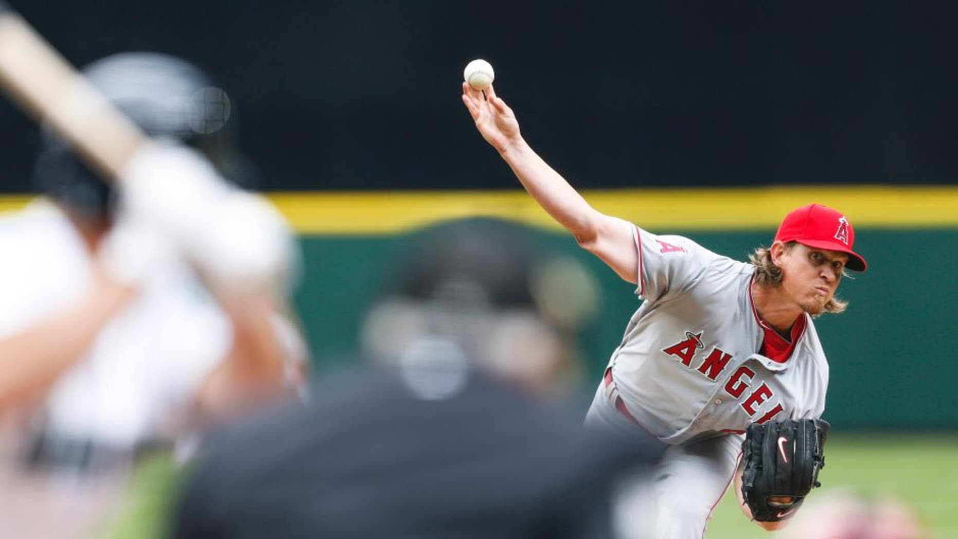 Apr 6, 2015; Seattle, WA, USA; Los Angeles Angels pitcher Jered Weaver (36) throws against the Seattle Mariners during the fourth inning at Safeco Field. Mandatory Credit: Joe Nicholson-USA TODAY Sports
