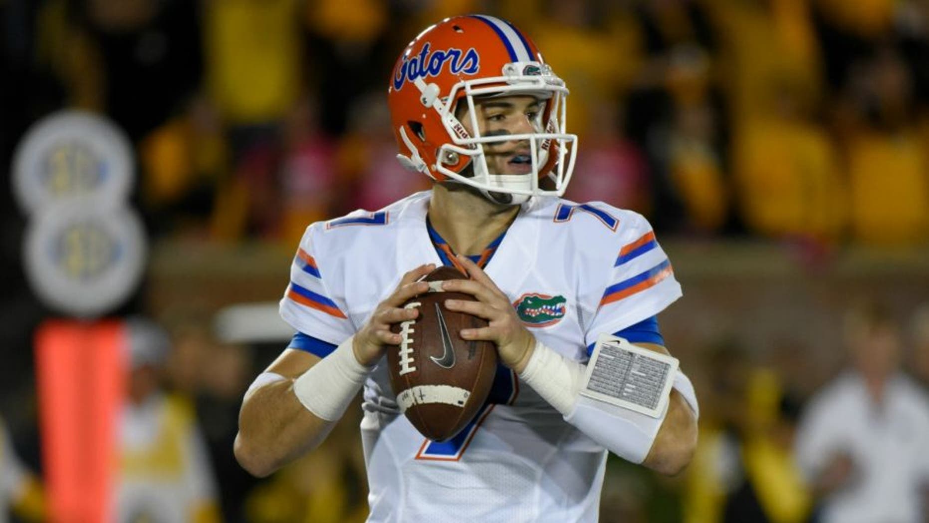 COLUMBIA , MO - OCTOBER 10: Quarterback Will Grier #7 of the Florida Gators drops back for a pass against the Missouri Tigers at Memorial Stadium on October 10, 2015 in Columbia, Missouri. (Photo by Ed Zurga/Getty Images) *** Local Caption *** Will Grier,COLUMBIA , MO - OCTOBER 10: Quarterback Will Grier #7 of the Florida Gators drops back for a pass against the Missouri Tigers at Memorial Stadium on October 10, 2015 in Columbia, Missouri. (Photo by Ed Zurga/Getty Images)