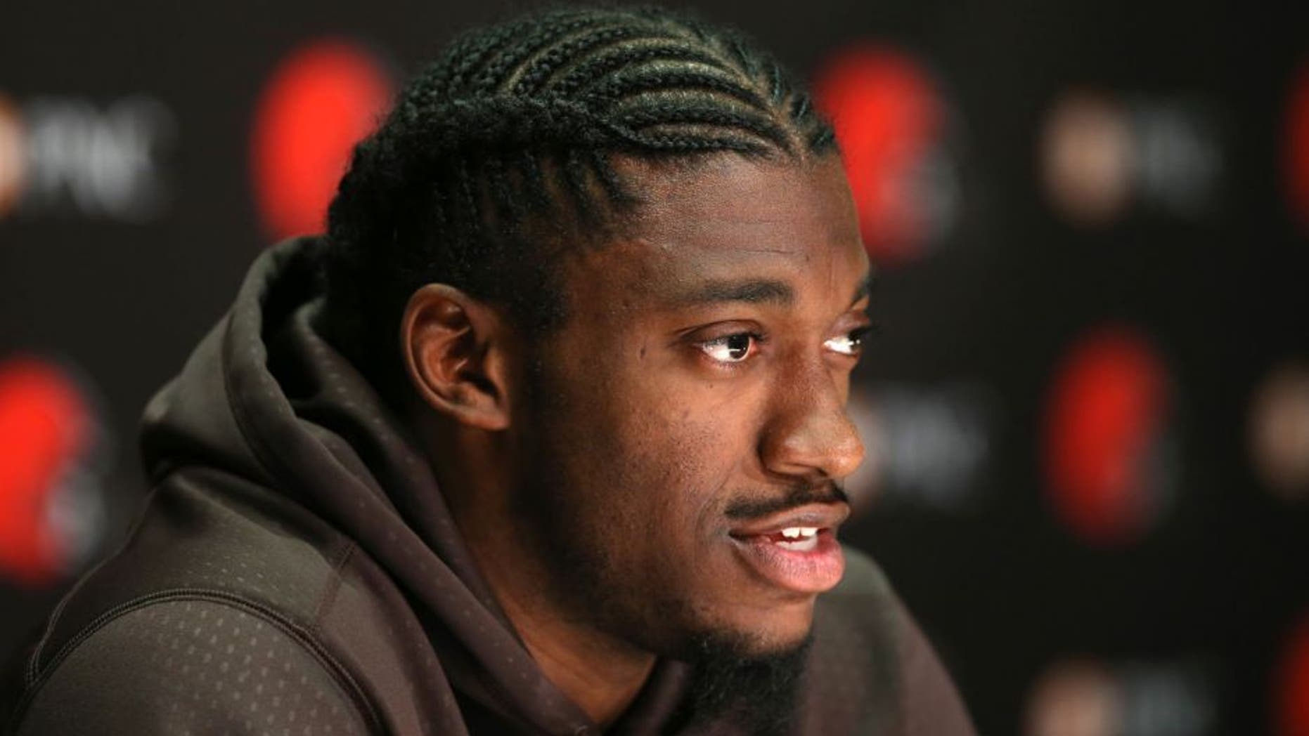 Cleveland Browns quarterback Robert Griffin III answers a question during a news conference at the NFL football teams practice facility Wednesday, April 6, 2016, in Berea, Ohio. (AP Photo/Ron Schwane)