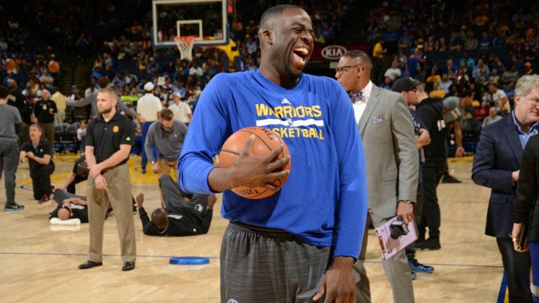 OAKLAND, CA - APRIL 5: Draymond Green #23 of the Golden State Warriors laughs facing the Minnesota Timberwolves on April 5, 2016 at Oracle Arena in Oakland, California. NOTE TO USER: User expressly acknowledges and agrees that, by downloading and or using this photograph, user is consenting to the terms and conditions of Getty Images License Agreement. Mandatory Copyright Notice: Copyright 2016 NBAE (Photo by Noah Graham/NBAE via Getty Images)