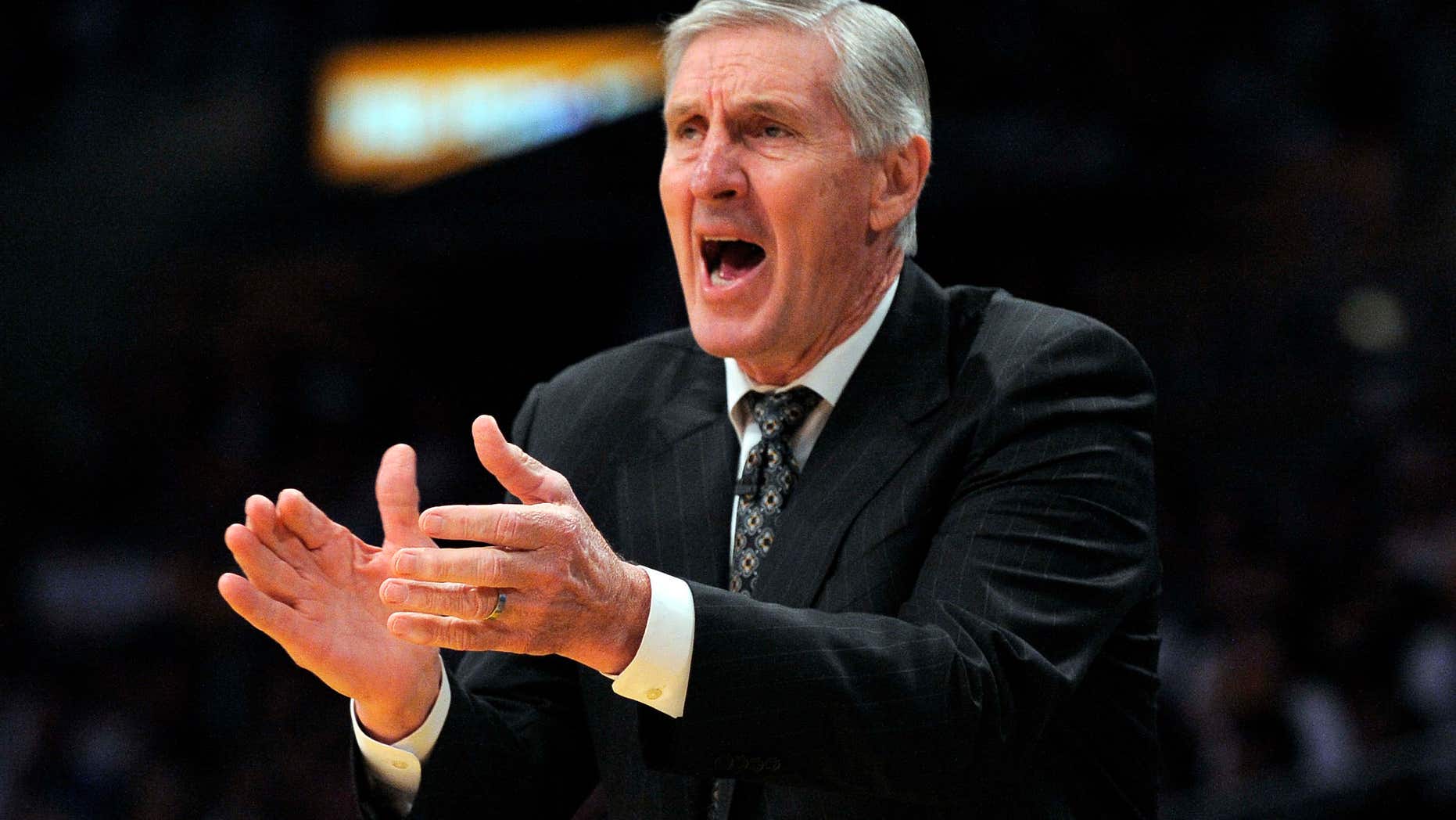FILE - In this Sunday, May 2, 2010, file photo, Utah Jazz coach Jerry Sloan yells to his team during the first half of Game 1 of a second-round NBA basketball playoff series against the Los Angeles Lakers in Los Angeles.