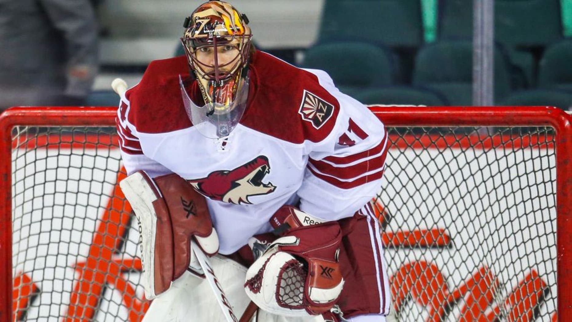 Apr 7, 2015; Calgary, Alberta, CAN; Arizona Coyotes goalie Mike Smith (41) guards his net during the warmup period against the Calgary Flames at Scotiabank Saddledome. Mandatory Credit: Sergei Belski-USA TODAY Sports