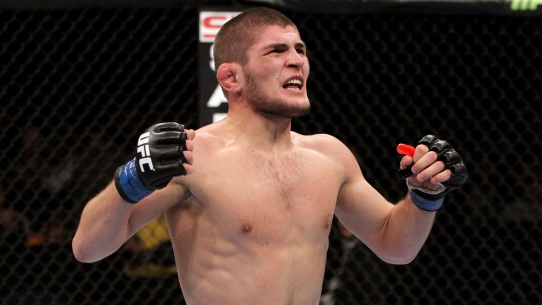 NASHVILLE, TN - JANUARY 20: Khabib Nurmagomedov reacts after defeating Kamal Shalorus during the UFC on FX event at Bridgestone Arena on January 20, 2012 in Nashville, Tennessee. (Photo by Josh Hedges/Zuffa LLC/Zuffa LLC via Getty Images)
