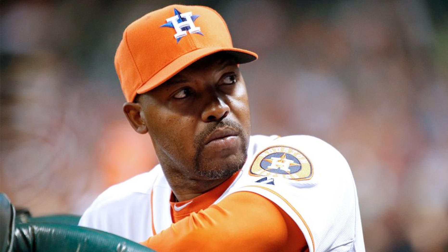 Apr 5, 2014; Houston, TX, USA; Houston Astros manager Bo Porter (16) looks at the crowd during the first inning against the Los Angeles Angels at Minute Maid Park. Mandatory Credit: Andrew Richardson-USA TODAY Sports