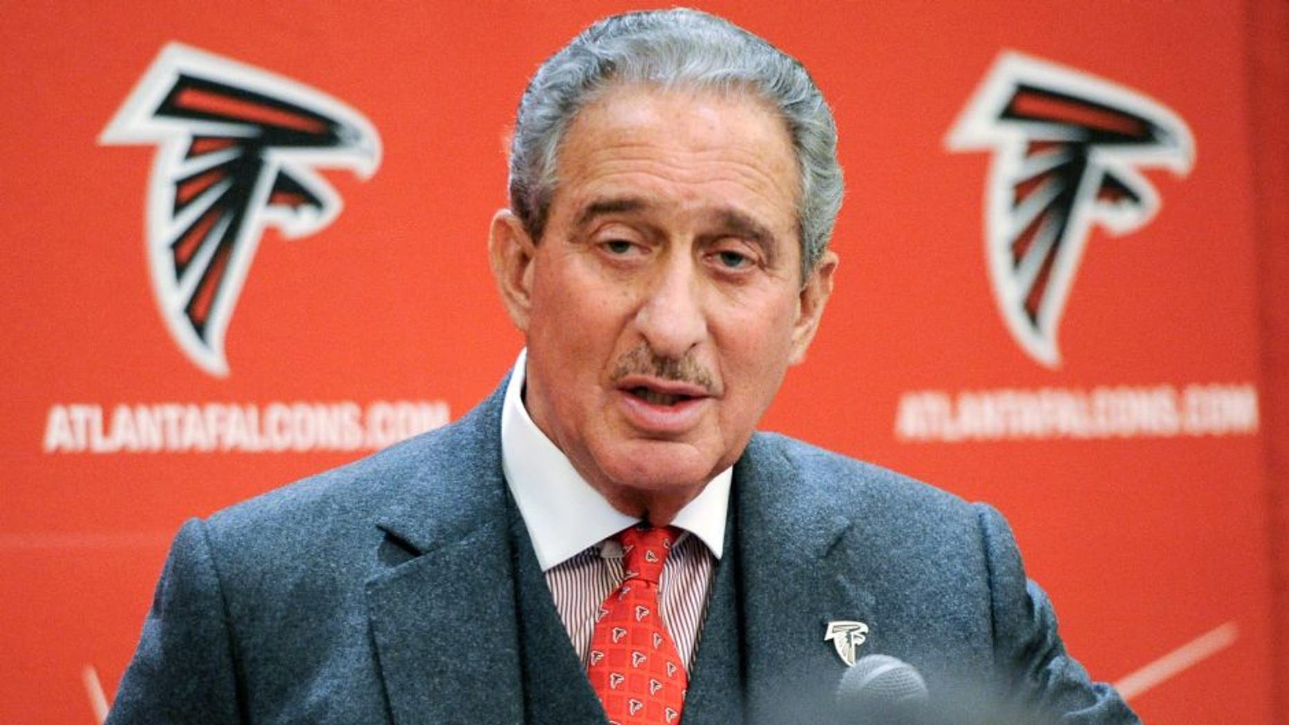 FILE - In this Jan. 6, 2014 file photo, Atlanta Falcons owner and chairman Arthur Blank speaks in Atlanta. Major League Soccer is closing in on a deal with Falcons owner Arthur Blank to bring an expansion franchise to Atlanta's new downtown stadium. A top official from Blank's parent company, Kim Schreckengost, said Tuesday, April 8, 2014, negotiations continue and "we hope to complete an agreement soon." (AP Photo/John Amis, File)