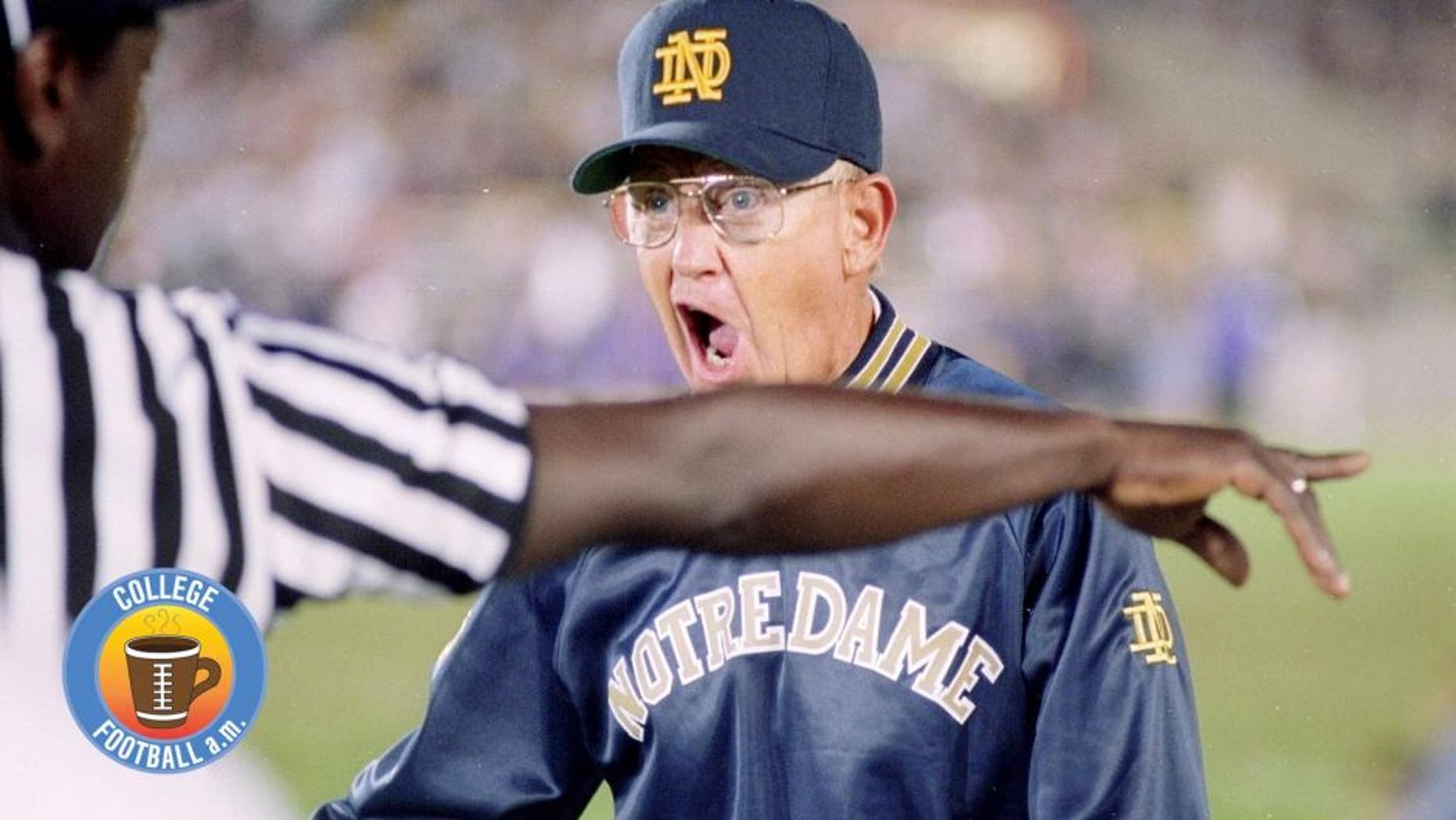 3 Sep 1994: Coach Lou Holtz of the Notre Dame Fighting Irish argues with the official during a game against the Northwestern Wildcats. Notre Dame won the game 42-15. Mandatory Credit: Jonathan Daniel /Allsport