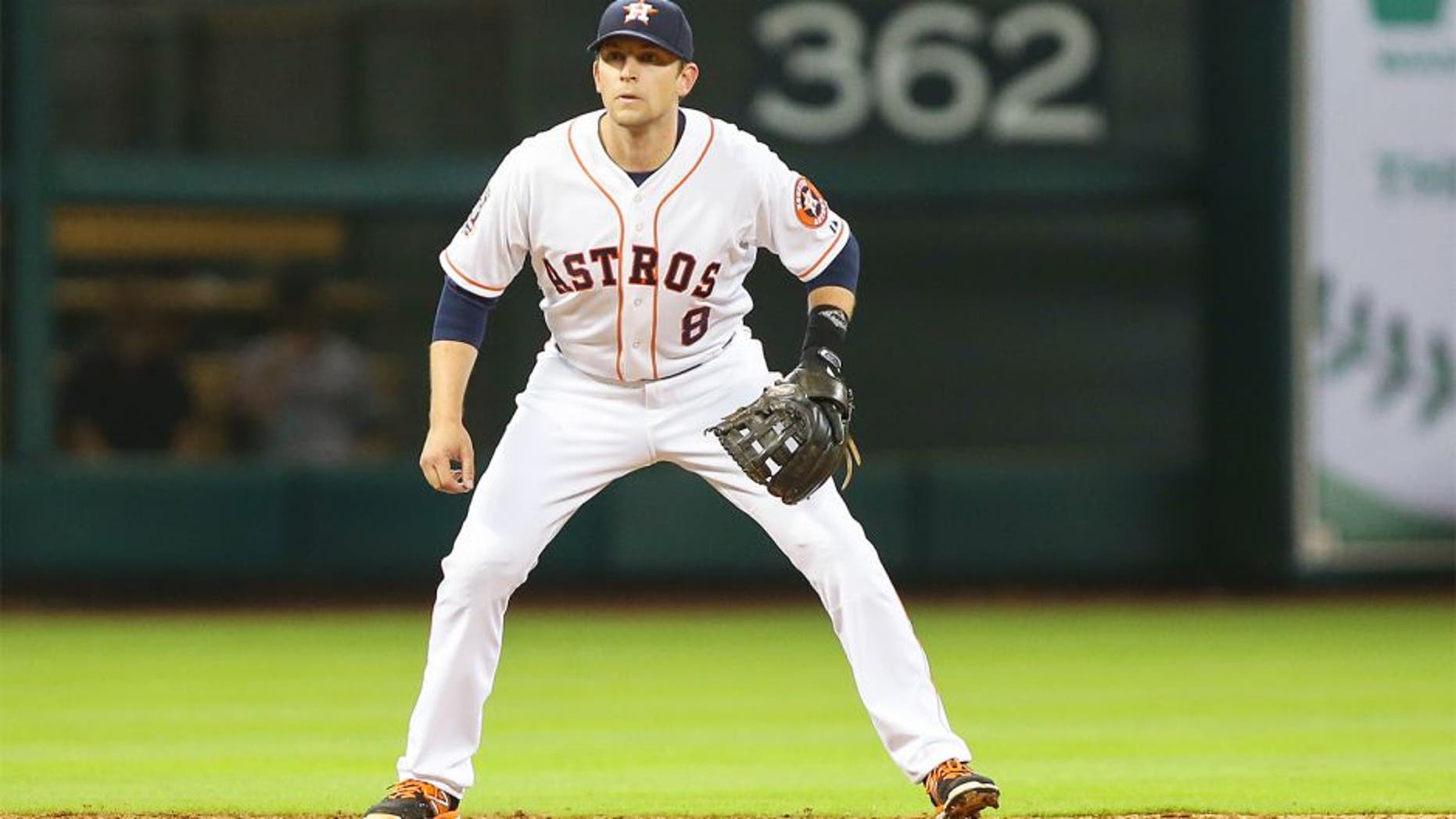 Apr 6, 2015; Houston, TX, USA; Houston Astros shortstop Jed Lowrie (8) during the game against the Cleveland Indians at Minute Maid Park. Mandatory Credit: Troy Taormina-USA TODAY Sports